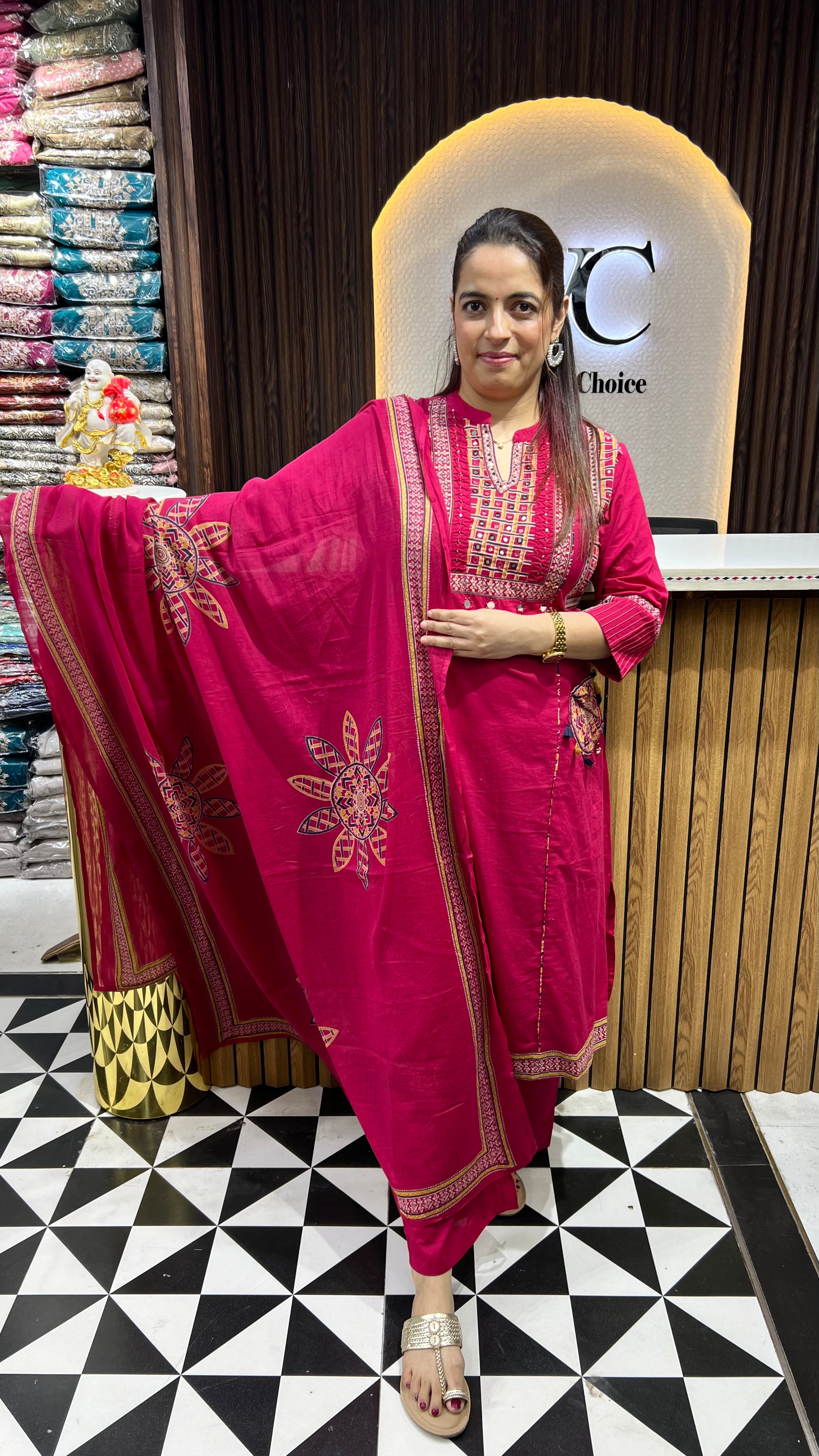 Pure Cotton Suit Set with Pintex, Real Mirror Work & Dual-Bottom Options