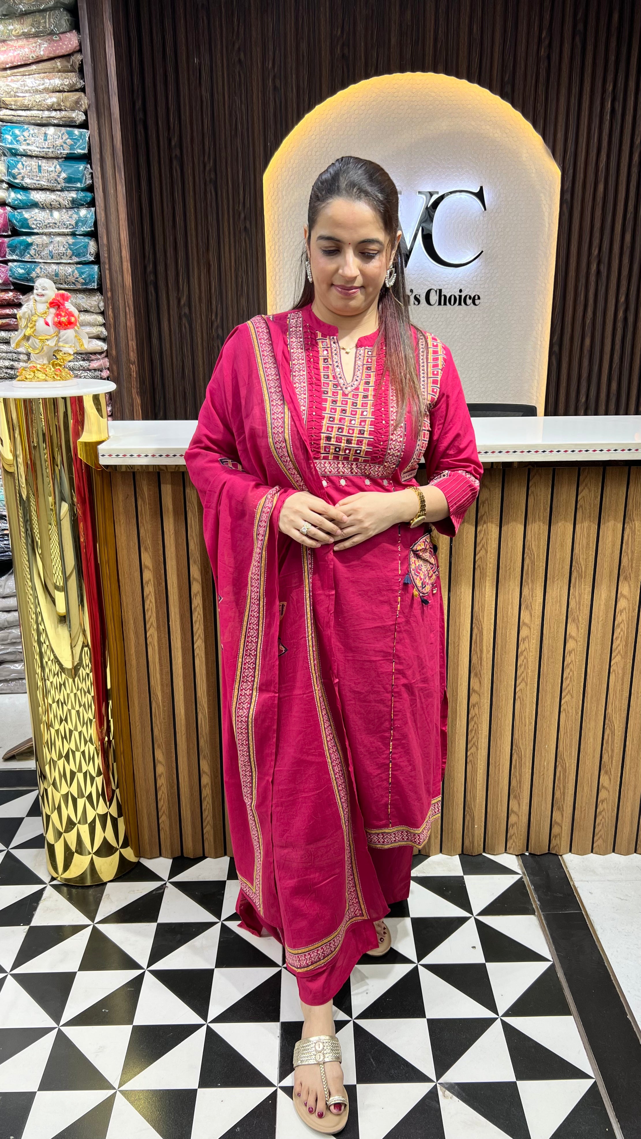 Pure Cotton Suit Set with Pintex, Real Mirror Work & Dual-Bottom Options