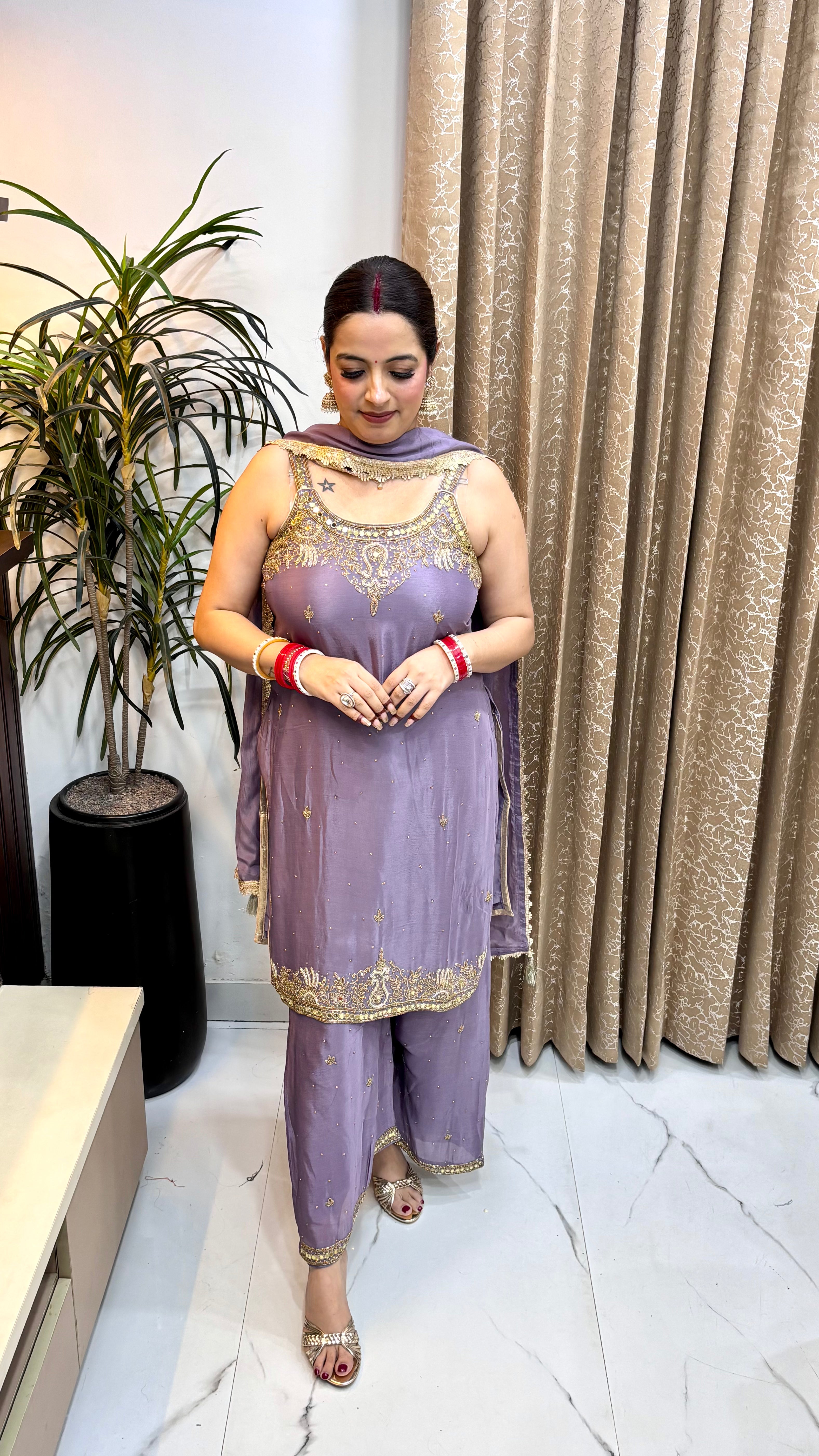 Pure Chinon 3-Piece Sleeveless Suit Set with Artisanal Hand Embroidery