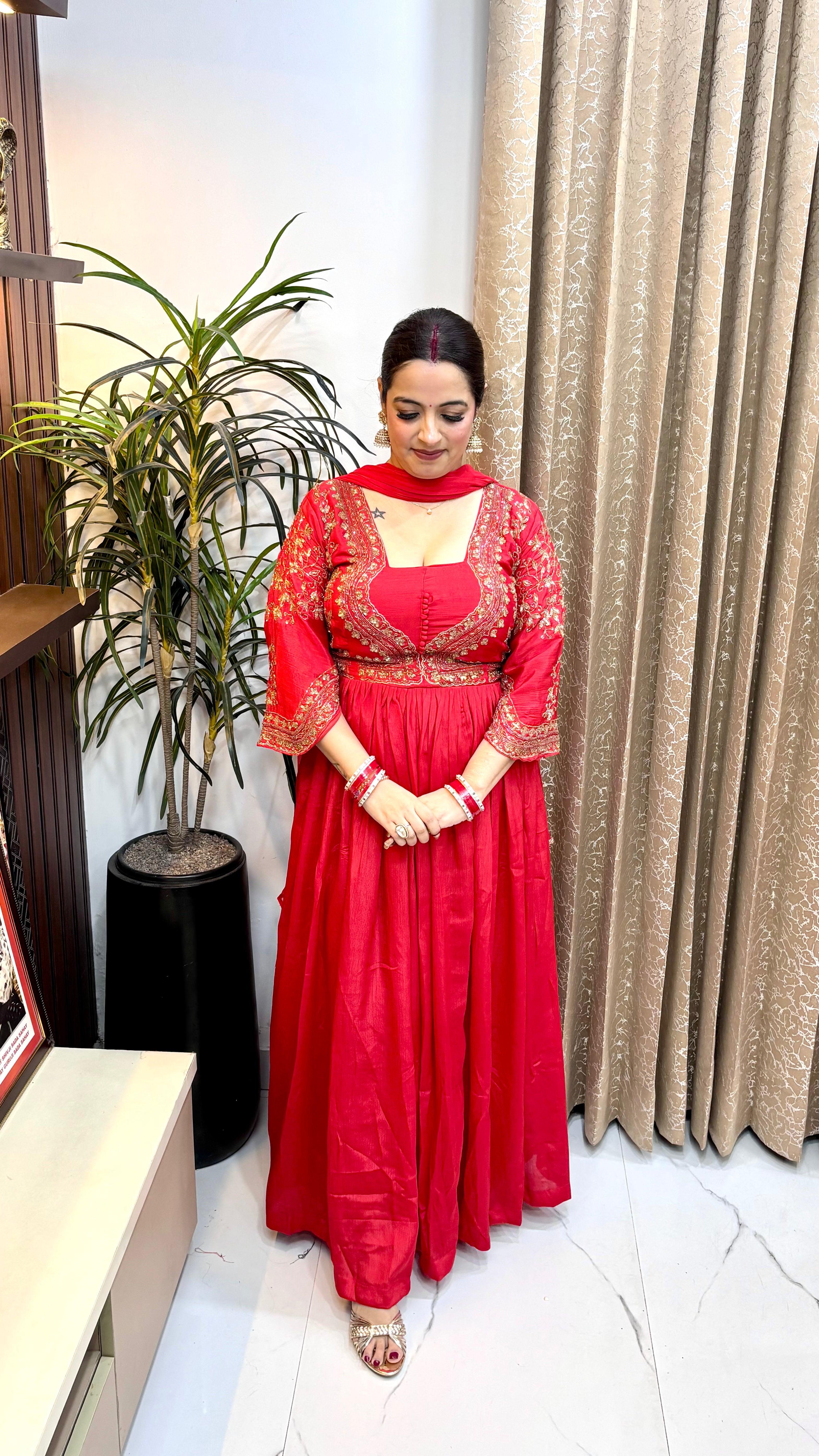 Pure Chinon 3-Piece Flared Anarkali Suit Set with Fine Embroidery Work