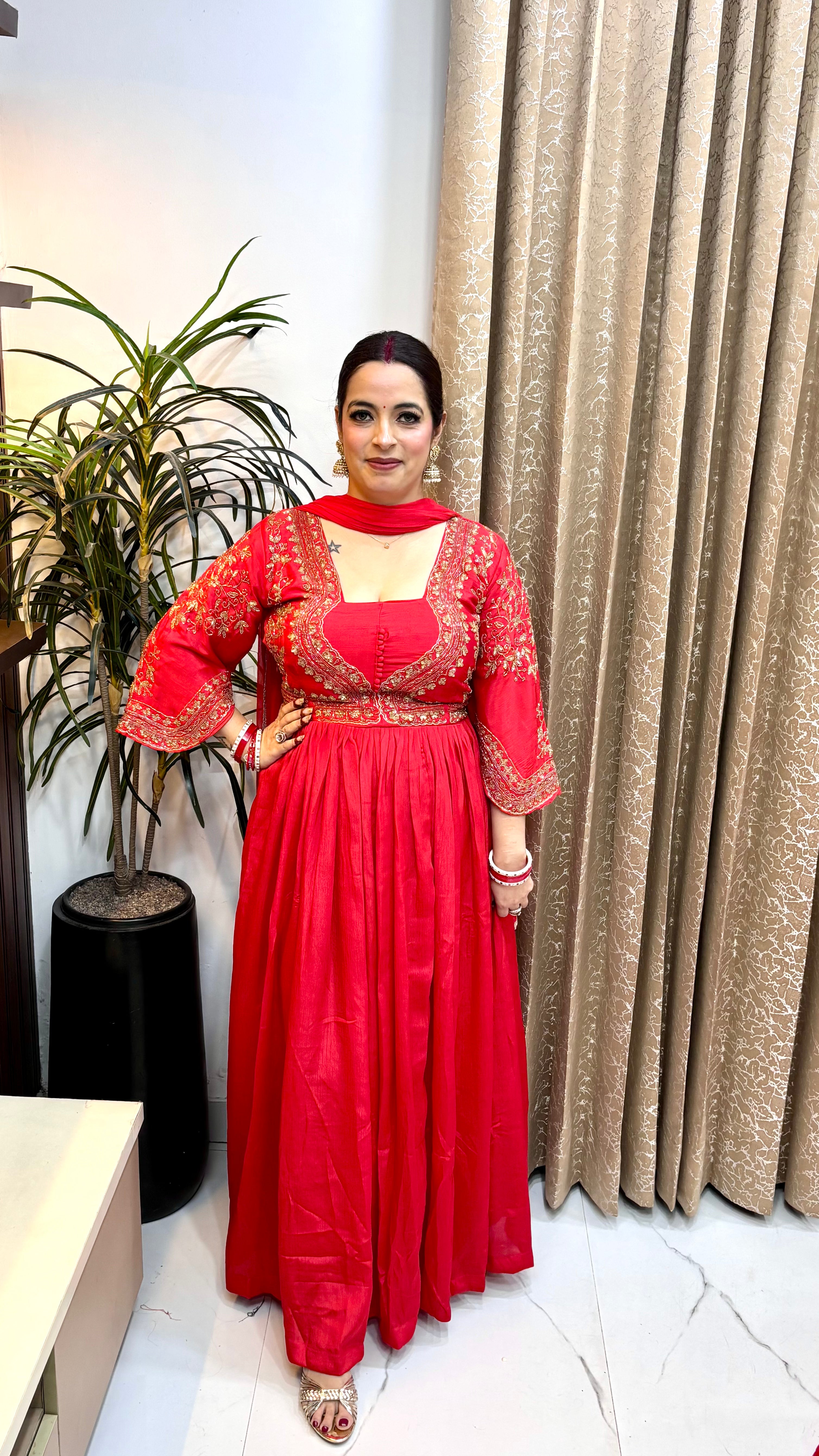 Pure Chinon 3-Piece Flared Anarkali Suit Set with Fine Embroidery Work