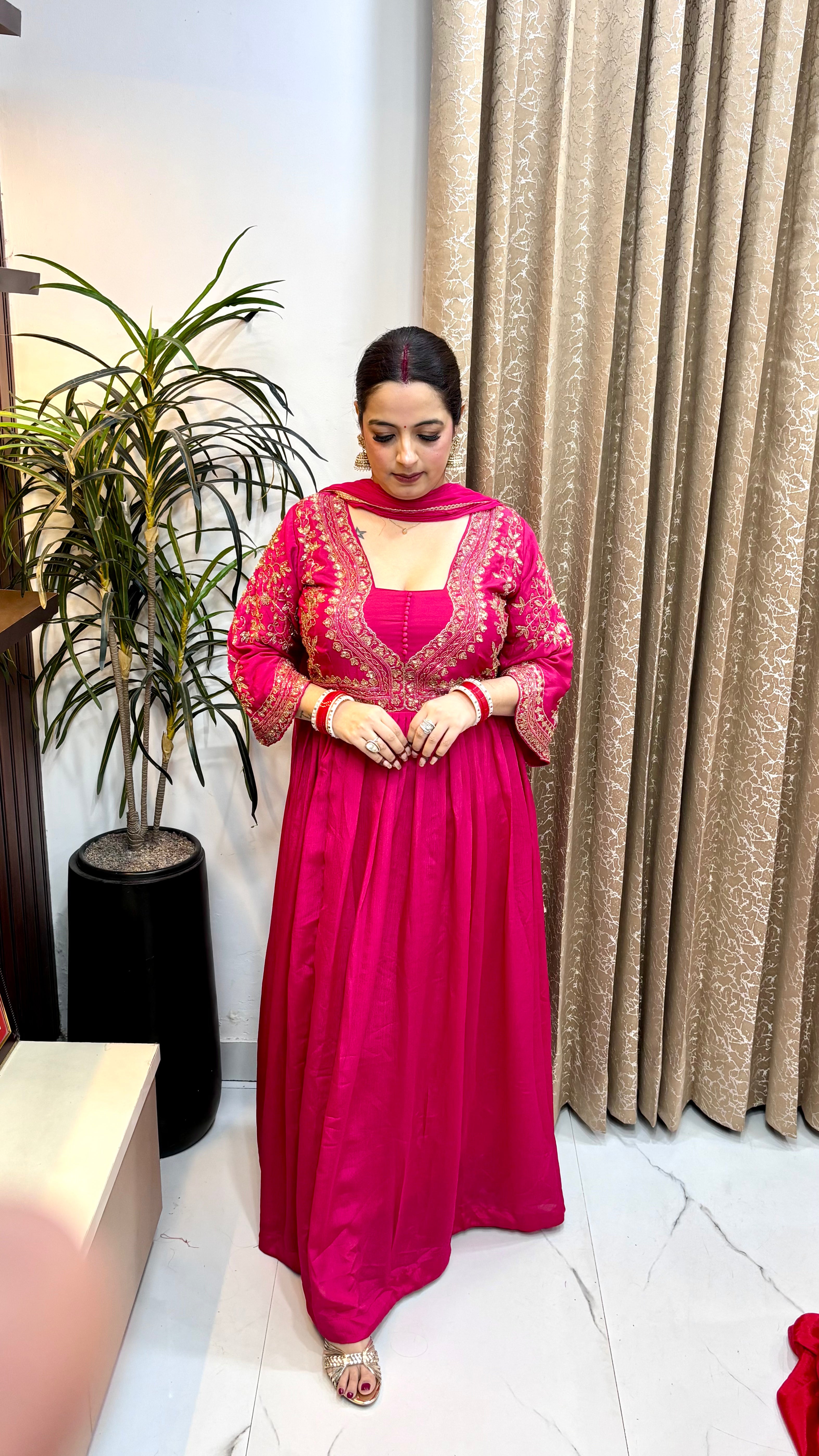 Pure Chinon 3-Piece Flared Anarkali Suit Set with Fine Embroidery Work