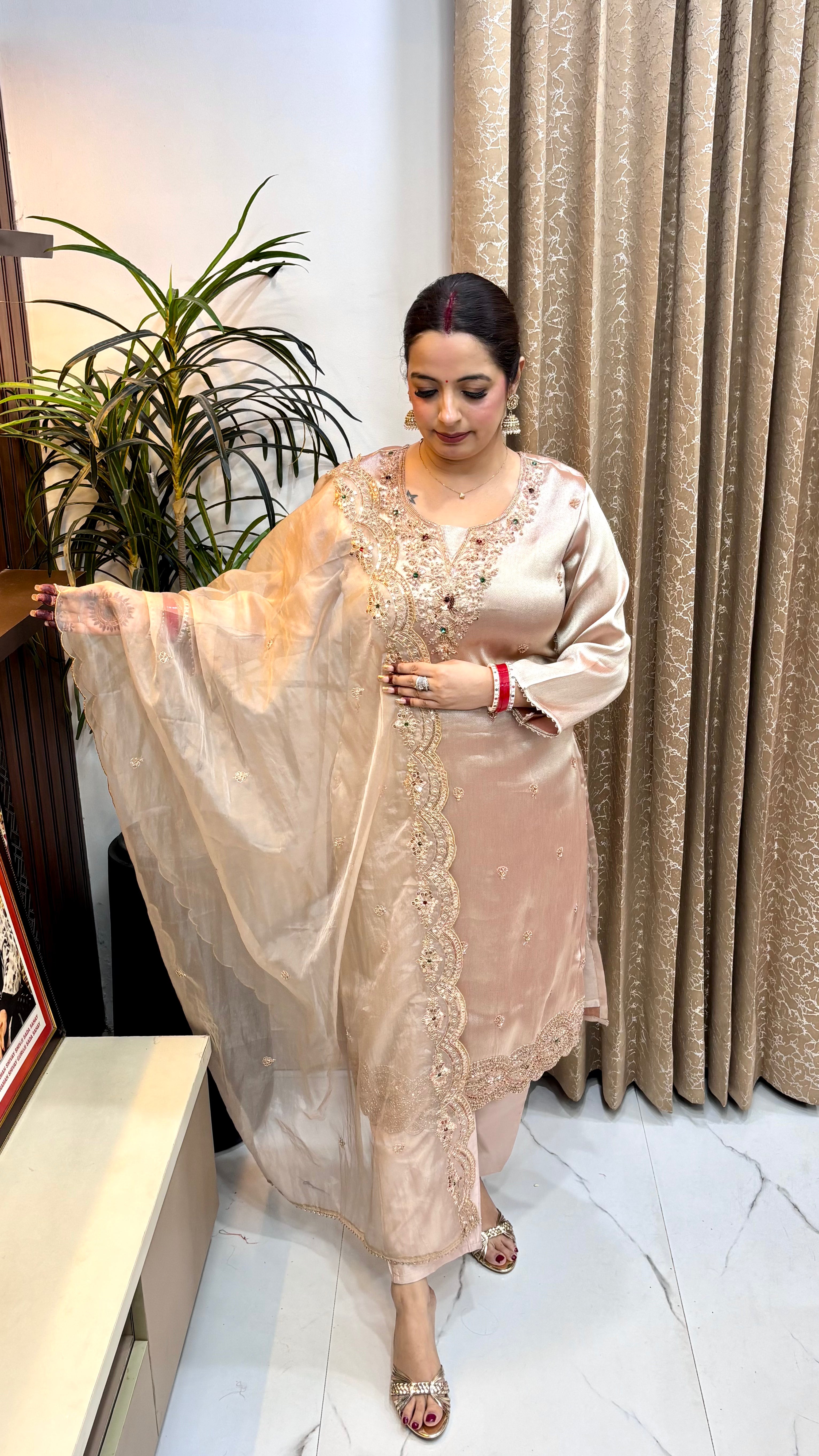 Pure Tussar Silk 3-Piece Suit Set with Fine Embroidery Work