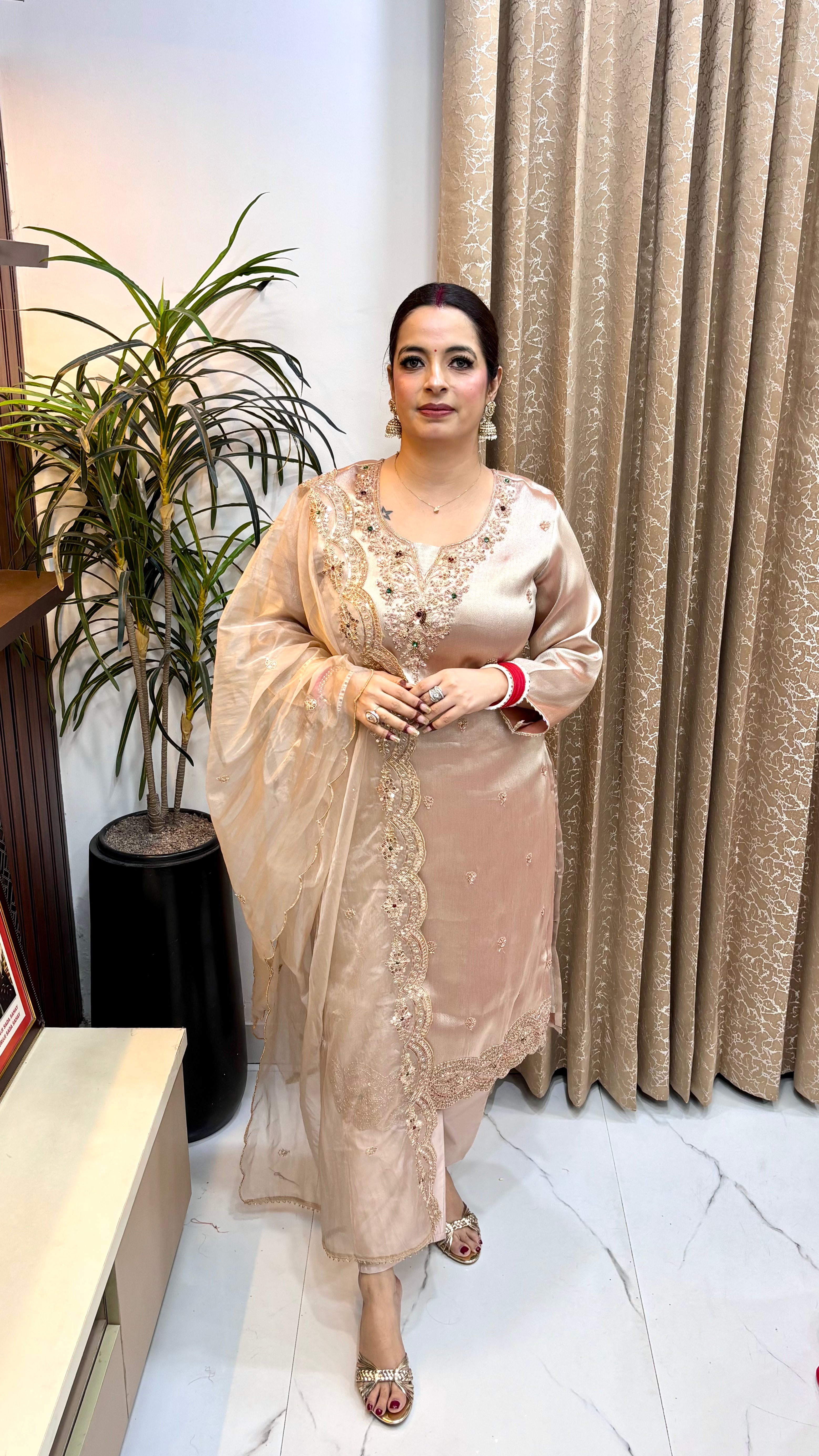 Pure Tussar Silk 3-Piece Suit Set with Fine Embroidery Work