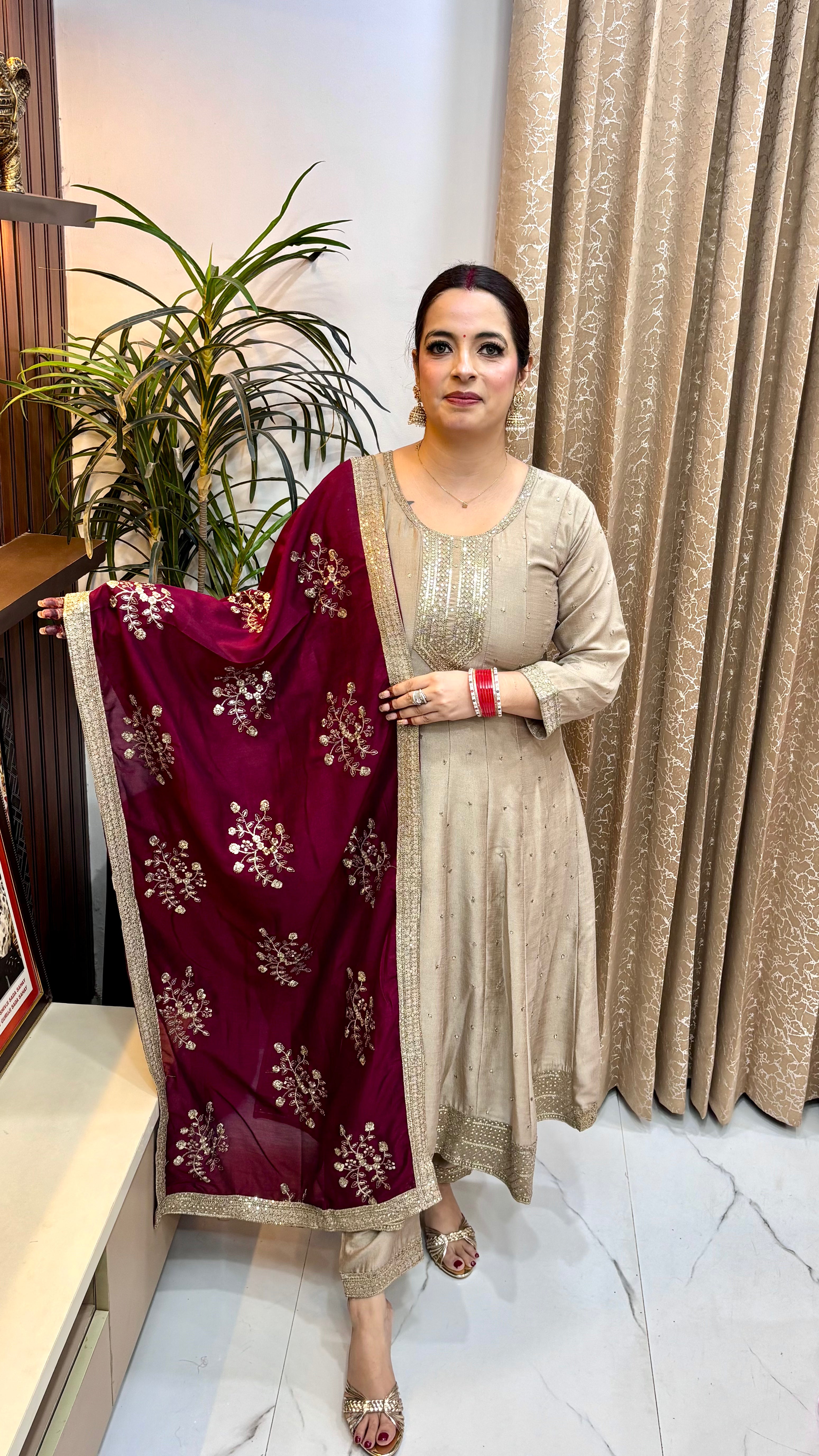 Pure Silk 3-Piece Anarkali Suit Set with Fine Embroidery Work