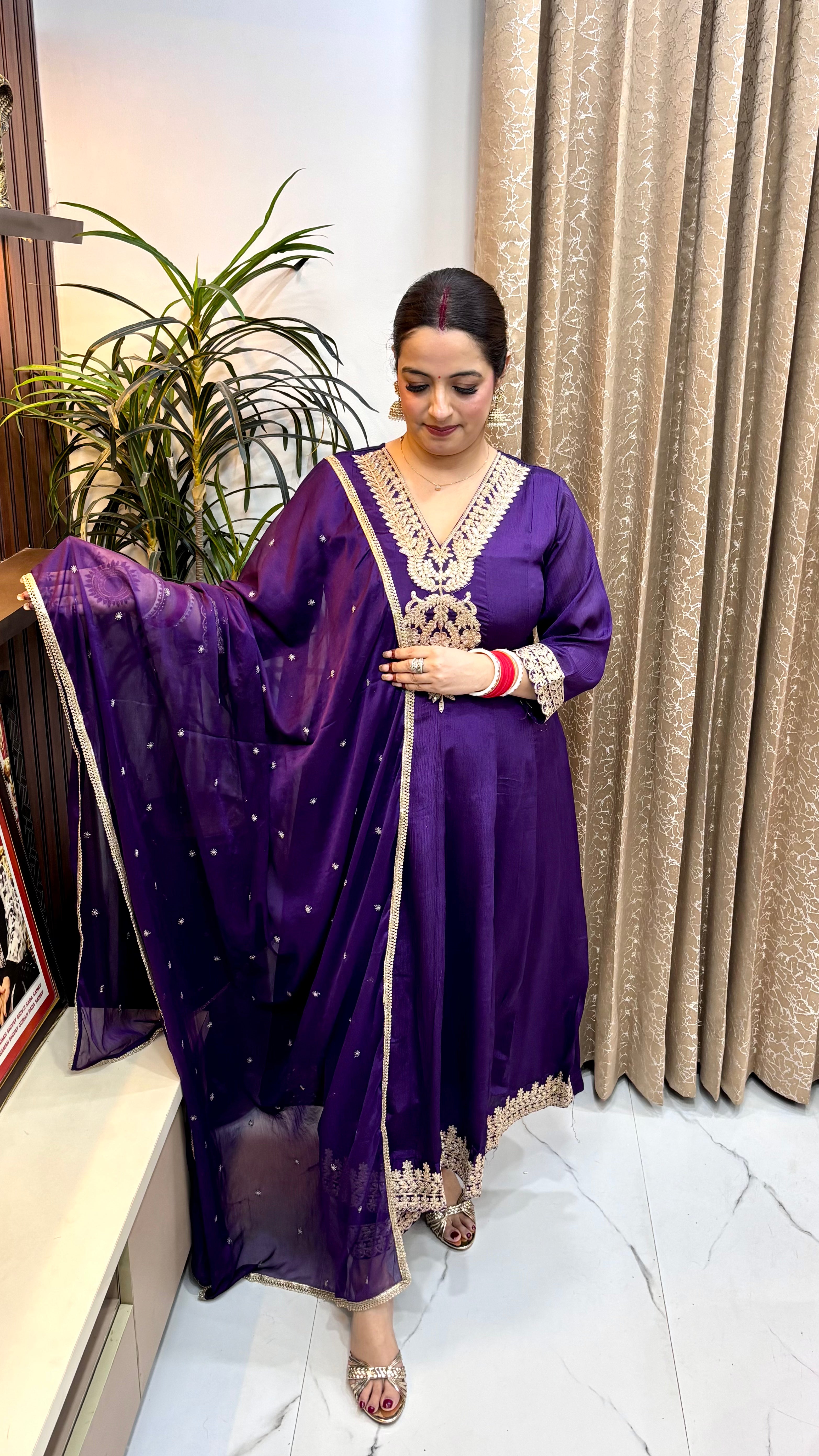 Fluid Majesty: Pure Chinon 3-Piece Flared Anarkali Suit Set