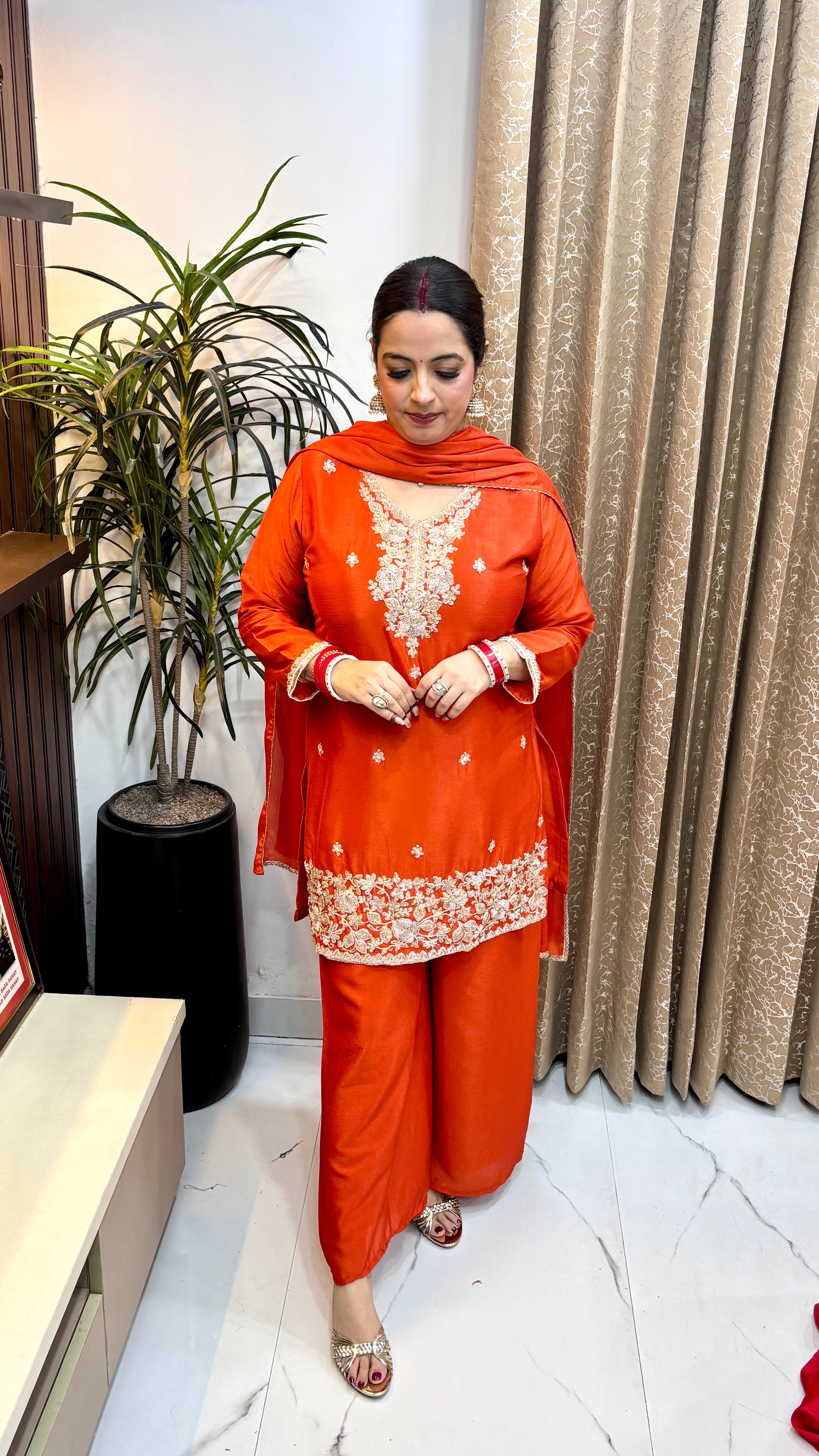 Organza Shimmer 3-Piece Suit Set with Pure Chinon Embroidered Dupatta