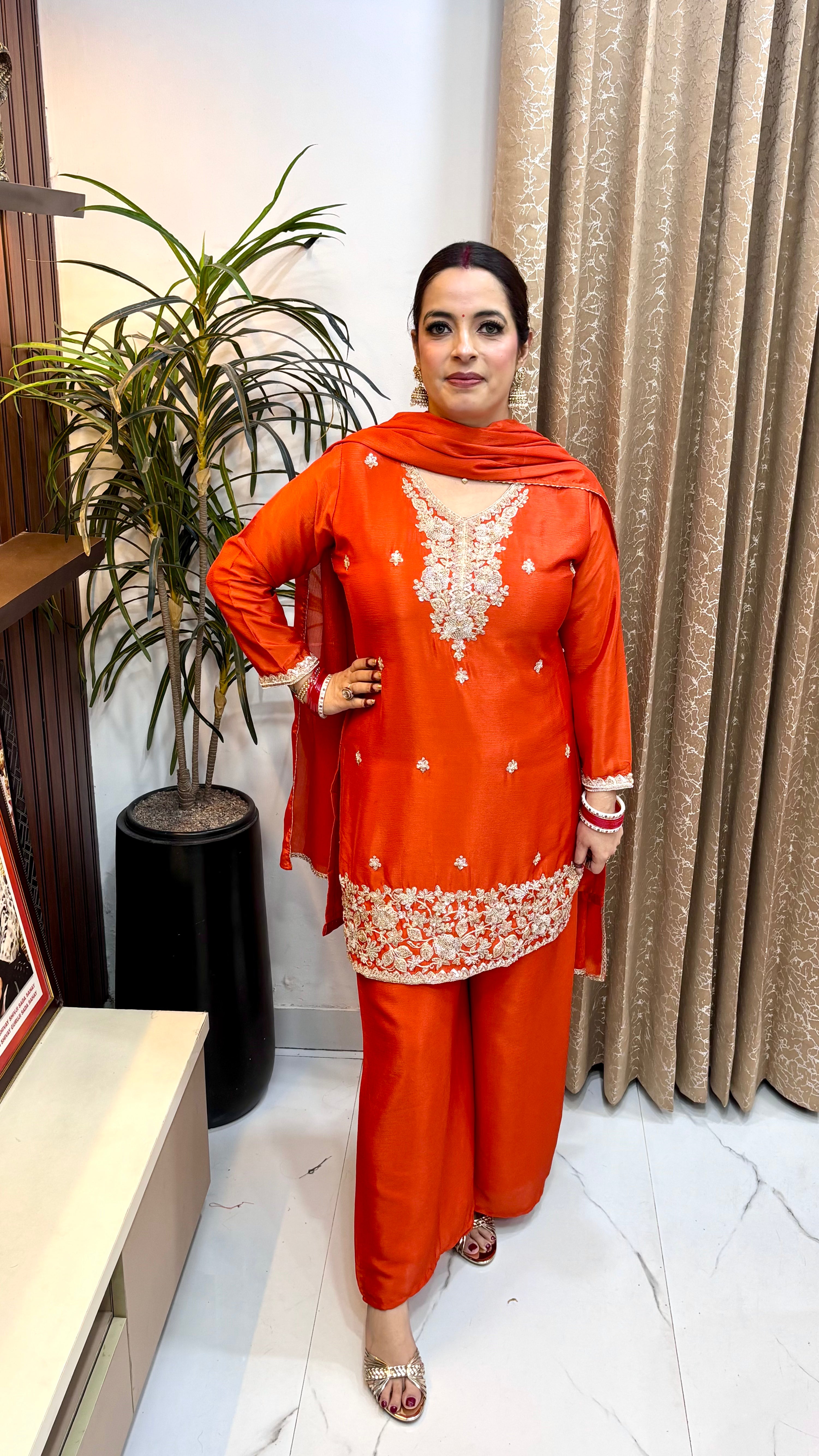 Organza Shimmer 3-Piece Suit Set with Pure Chinon Embroidered Dupatta
