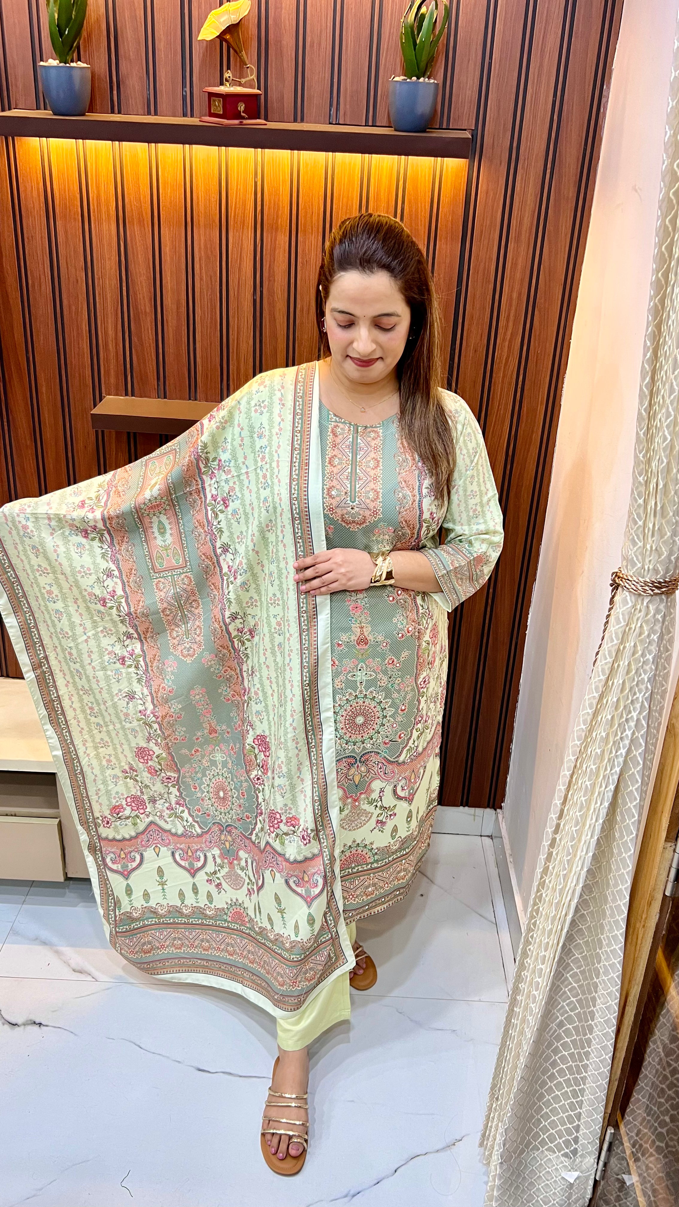 Rayon Cotton Suit (Model Wearing Size L) — Hand Embroidery with Korean Crystals