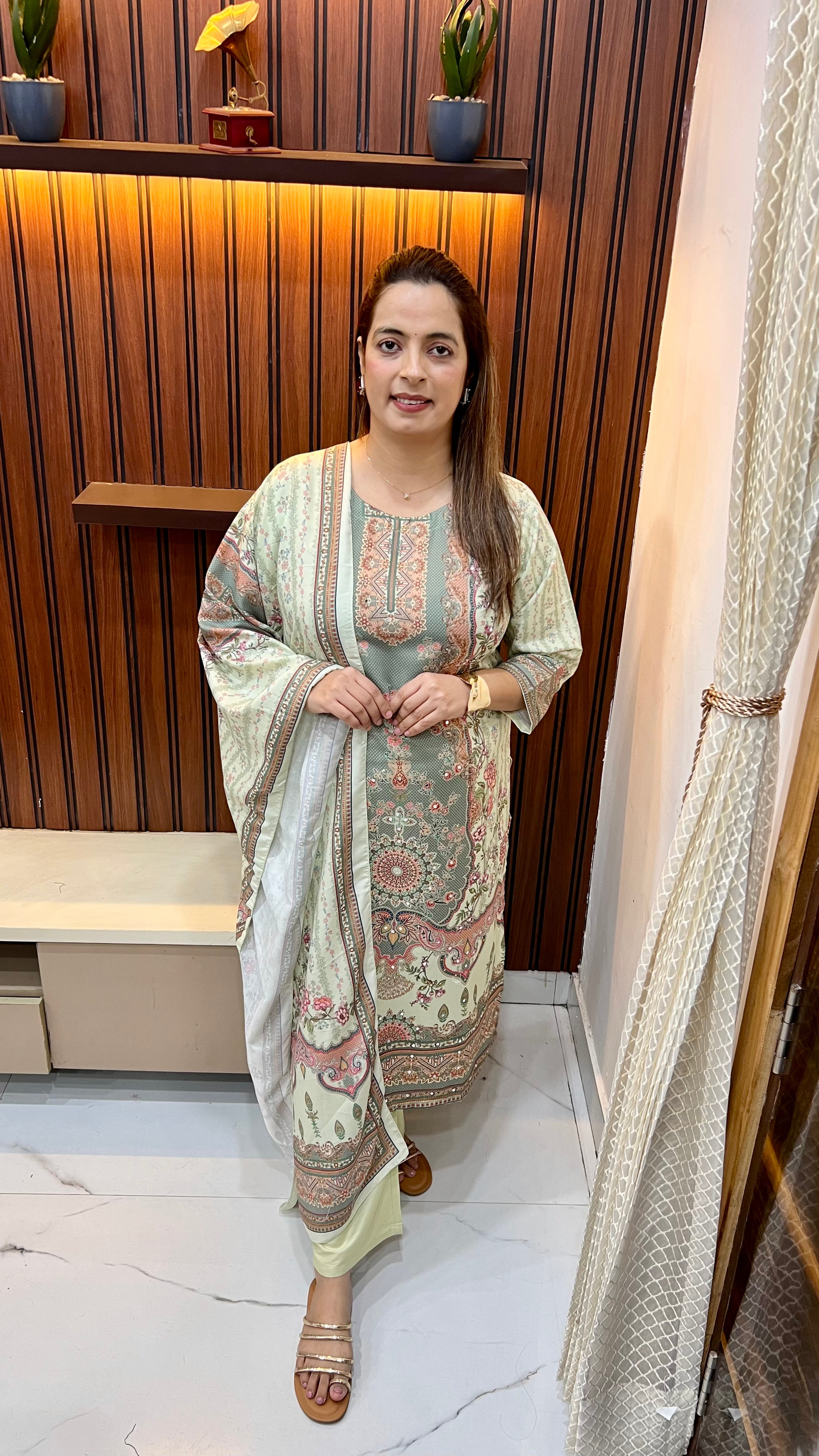 Rayon Cotton Suit (Model Wearing Size L) — Hand Embroidery with Korean Crystals