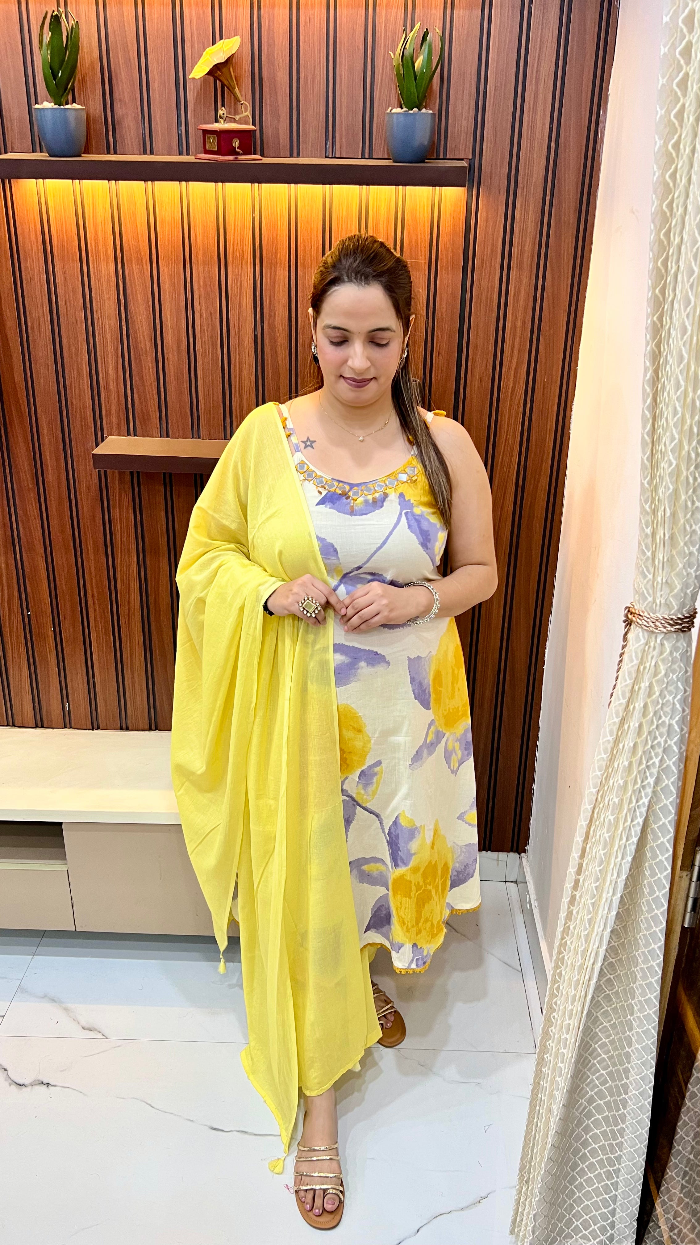 Pure Cotton Floral A-Line Suit (Model Wearing Size L) — Mirror Work with Adjustable Straps