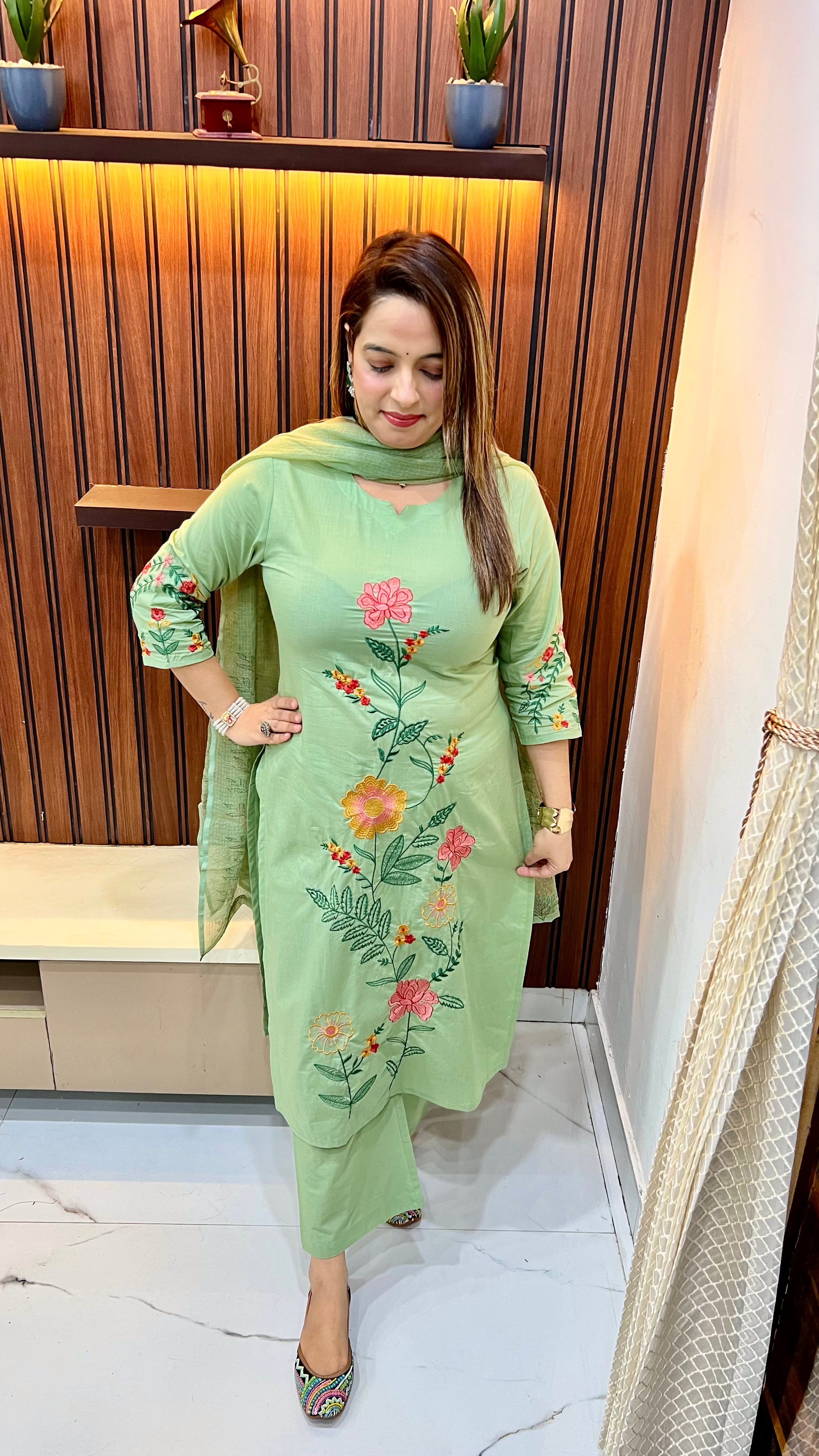 Pure Cotton Suit (Model Wearing Size XL) — Floral Thread Embroidery with Kota Doria Dupatta
