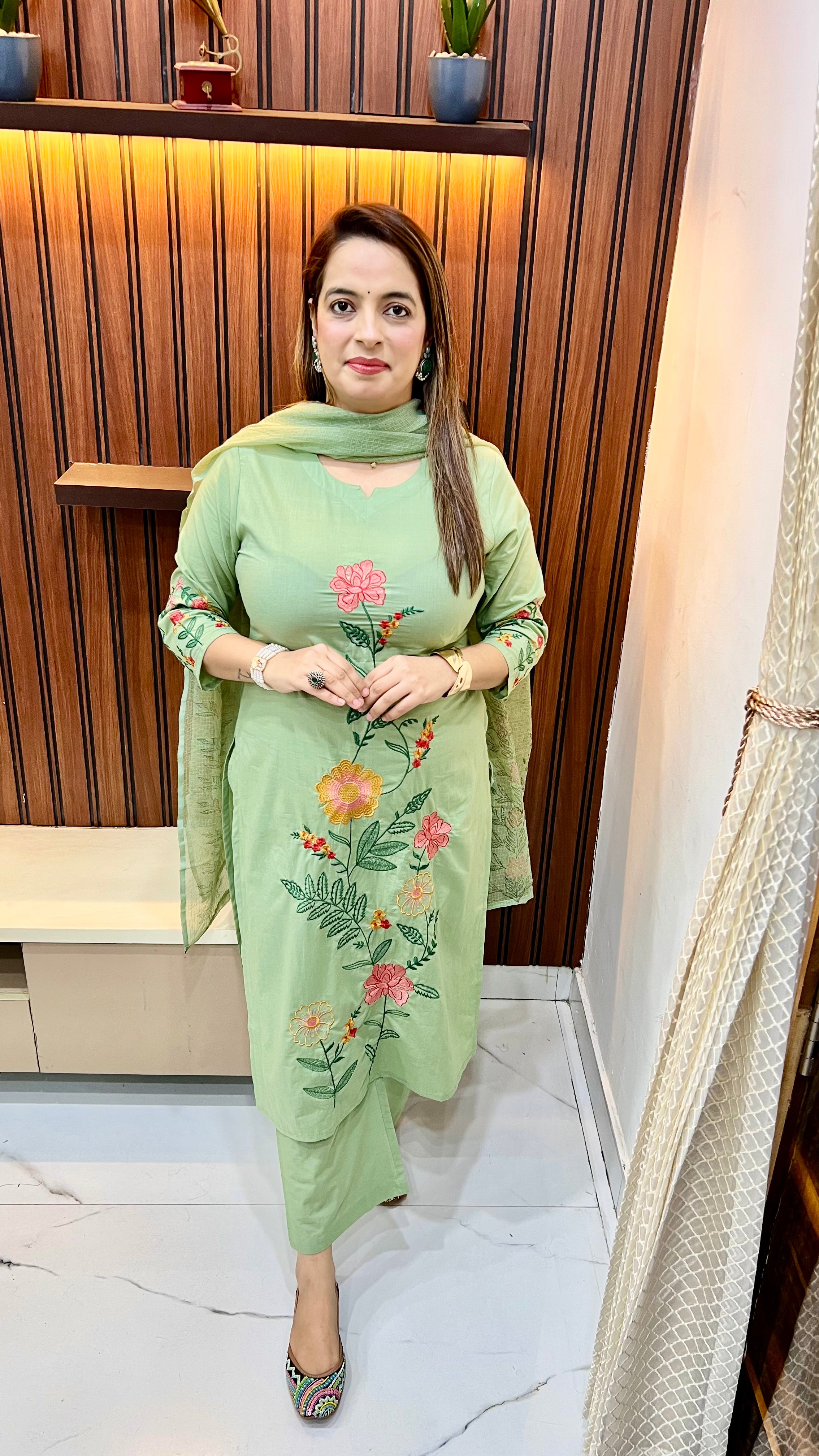 Pure Cotton Suit (Model Wearing Size XL) — Floral Thread Embroidery with Kota Doria Dupatta