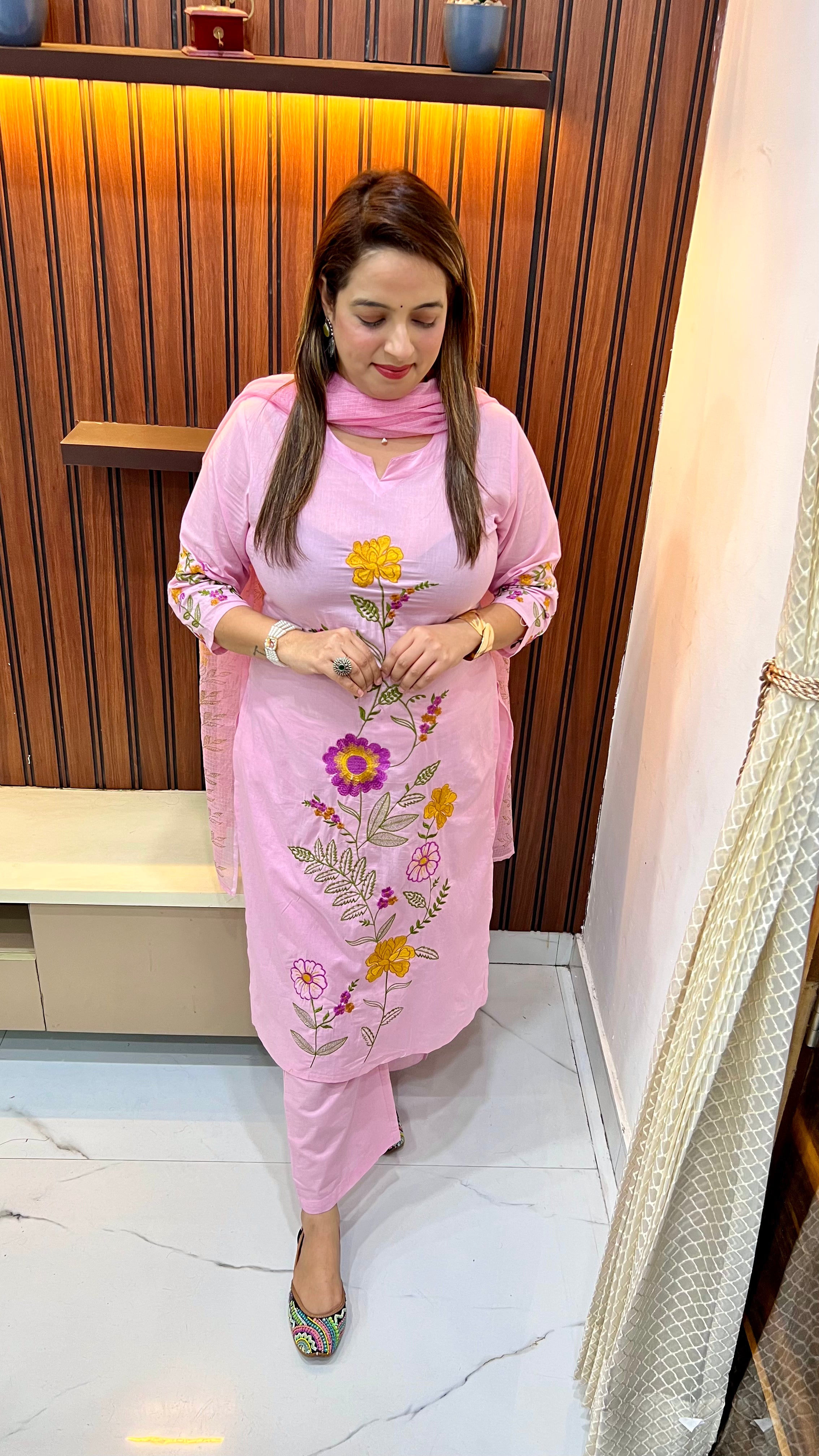 Pure Cotton Suit (Model Wearing Size XL) — Floral Thread Embroidery with Kota Doria Dupatta