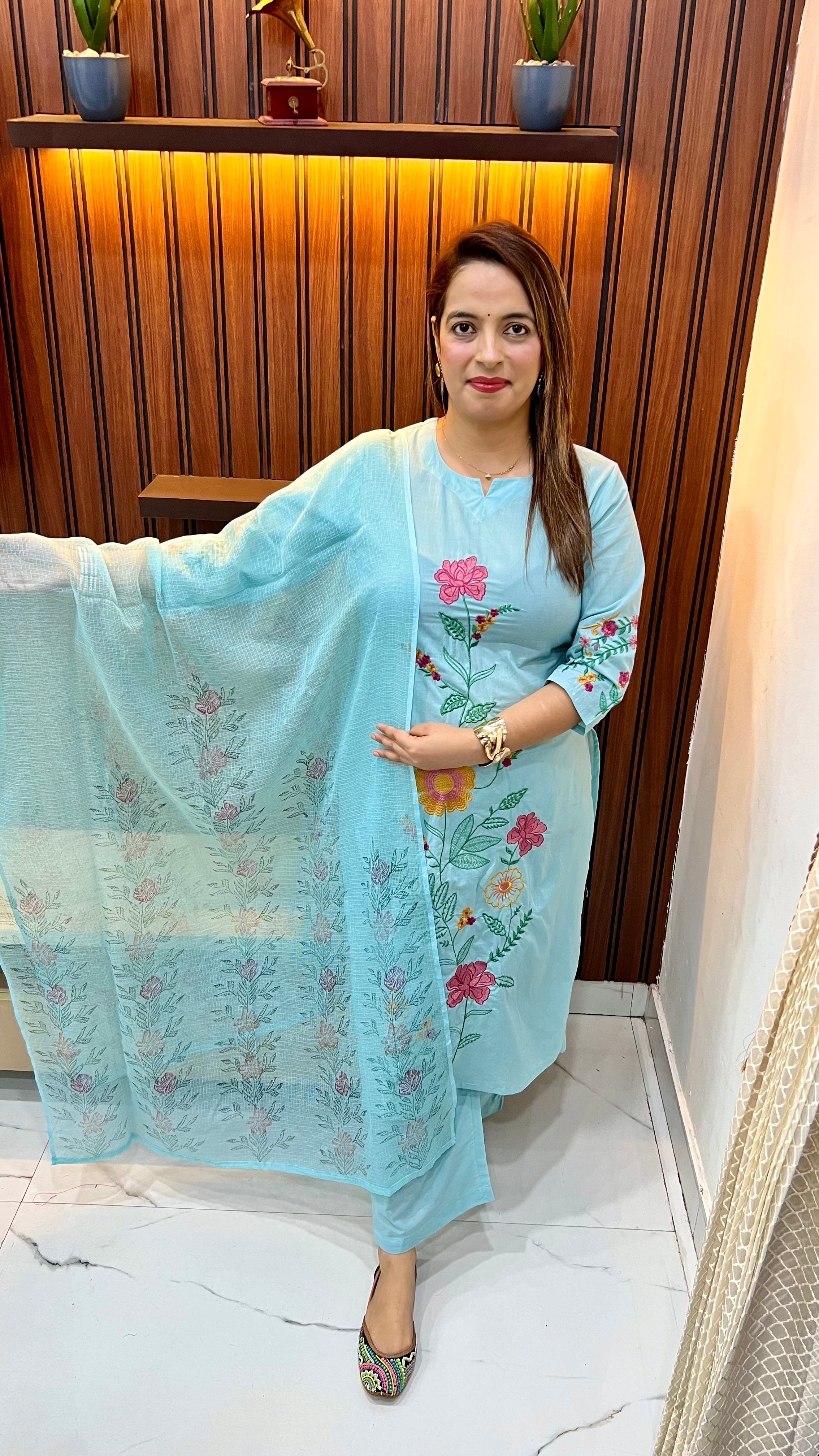 Pure Cotton Suit (Model Wearing Size XL) — Floral Thread Embroidery with Kota Doria Dupatta