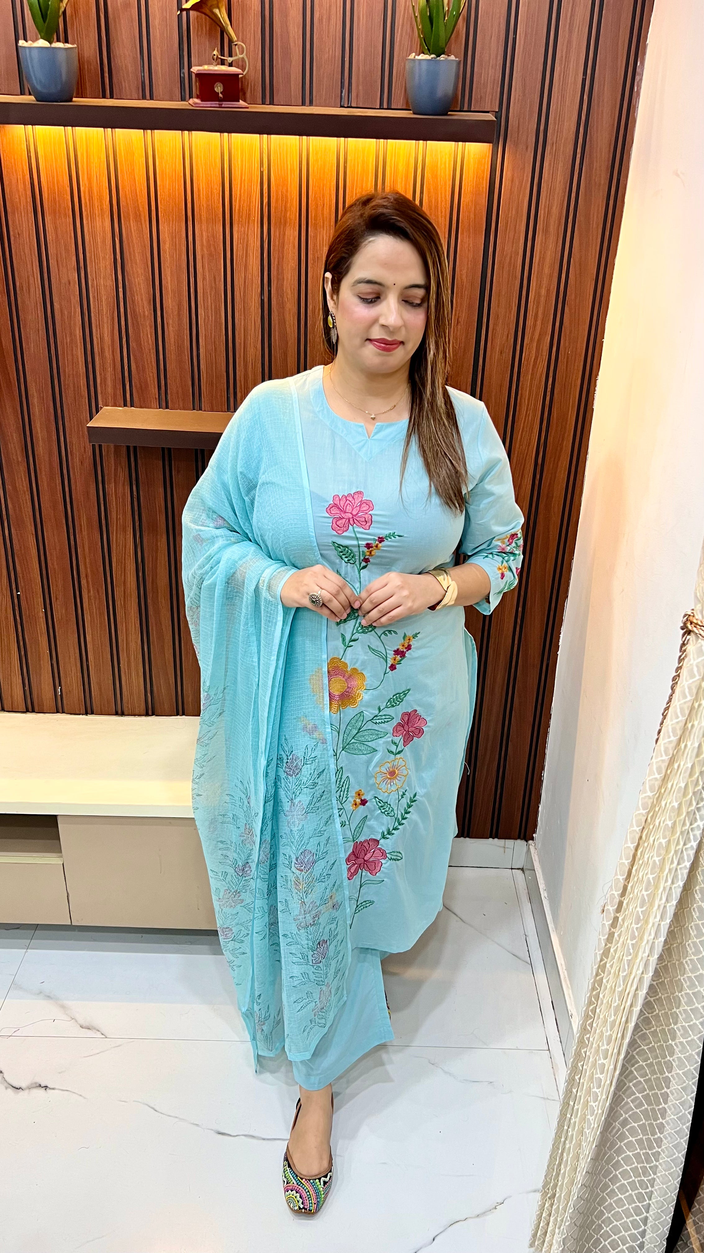 Pure Cotton Suit (Model Wearing Size XL) — Floral Thread Embroidery with Kota Doria Dupatta