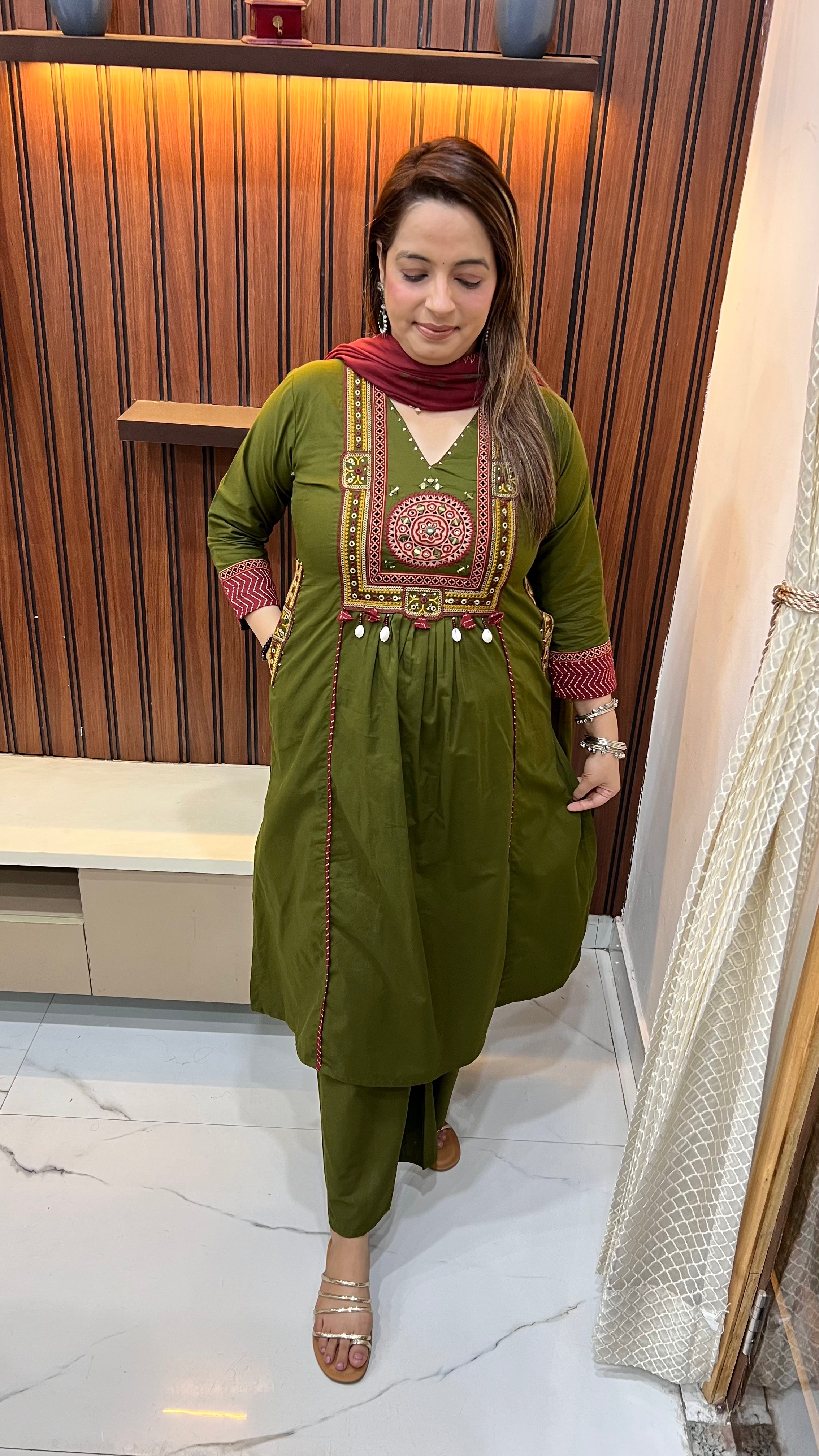 Pure Cotton Suit (Model Wearing Size XL) — Jaipuri Appliqué & Mirror Work with Block Print Dupatta