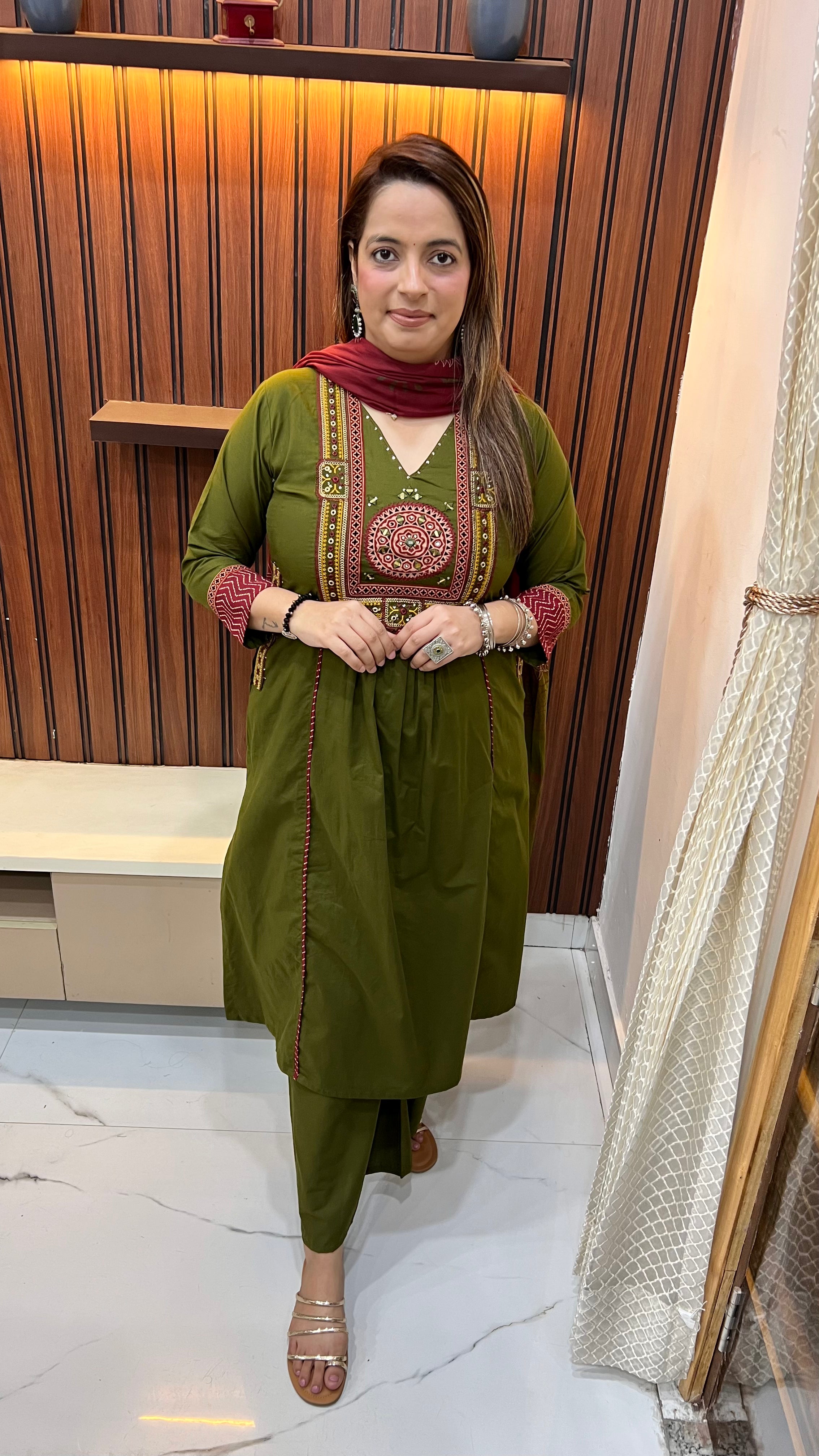 Pure Cotton Suit (Model Wearing Size XL) — Jaipuri Appliqué & Mirror Work with Block Print Dupatta
