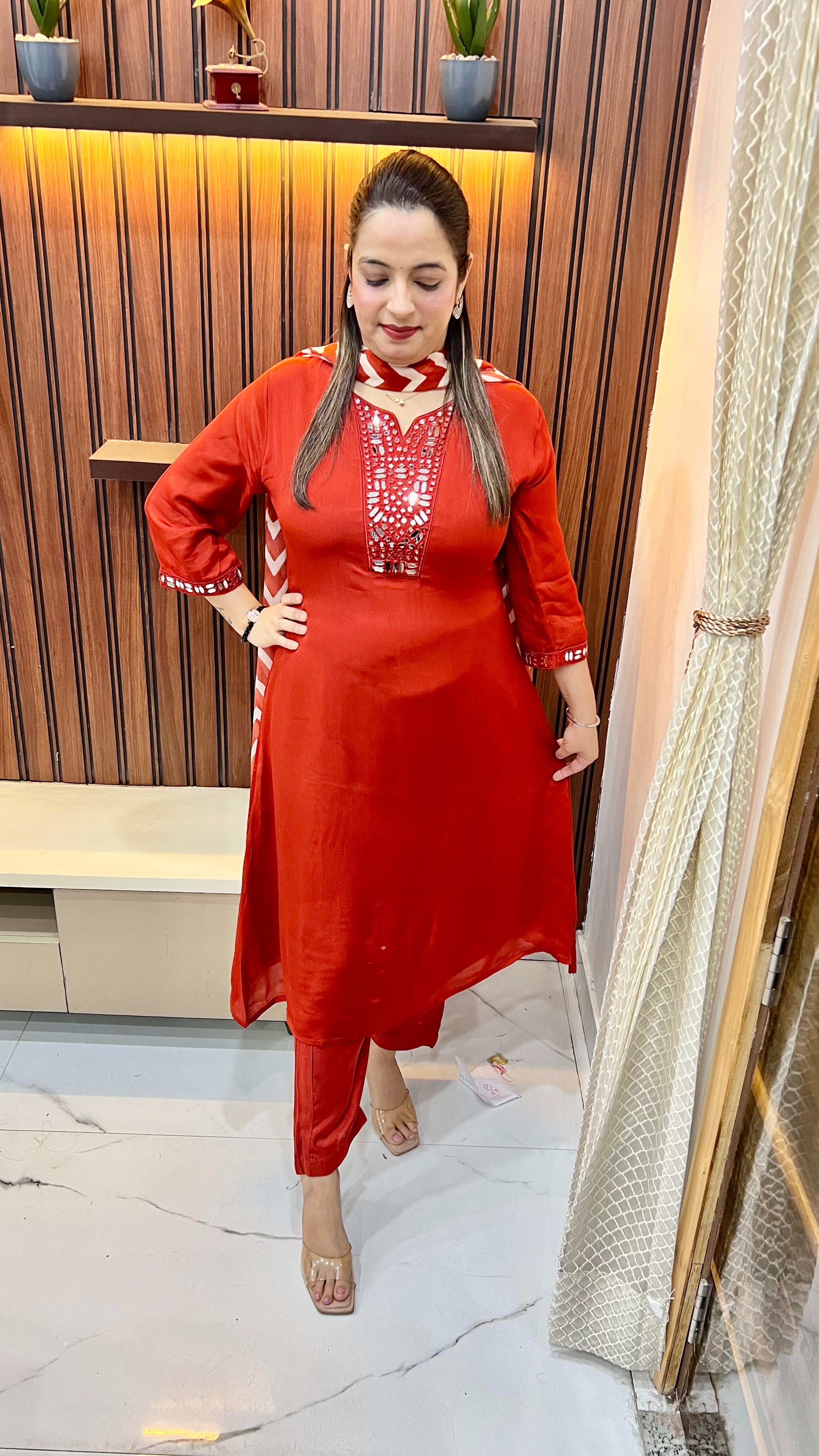 Pure Chinon A-Line Suit — Mirror & Resham Work with Zigzag Dupatta