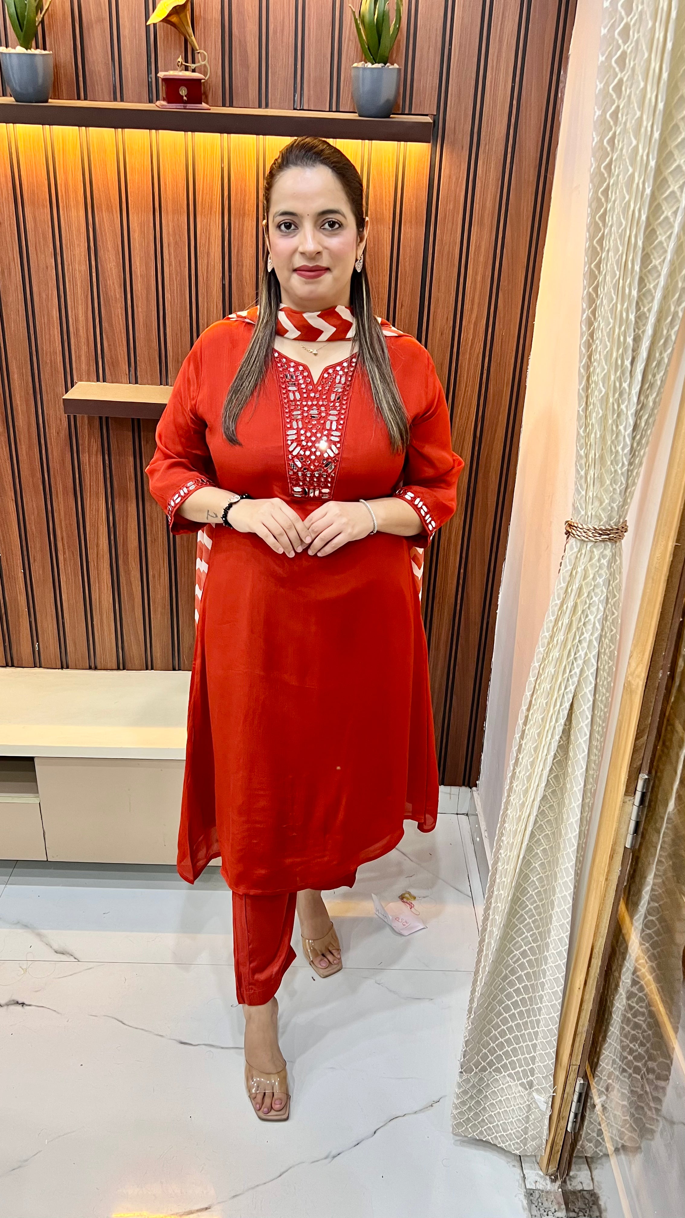 Pure Chinon A-Line Suit — Mirror & Resham Work with Zigzag Dupatta