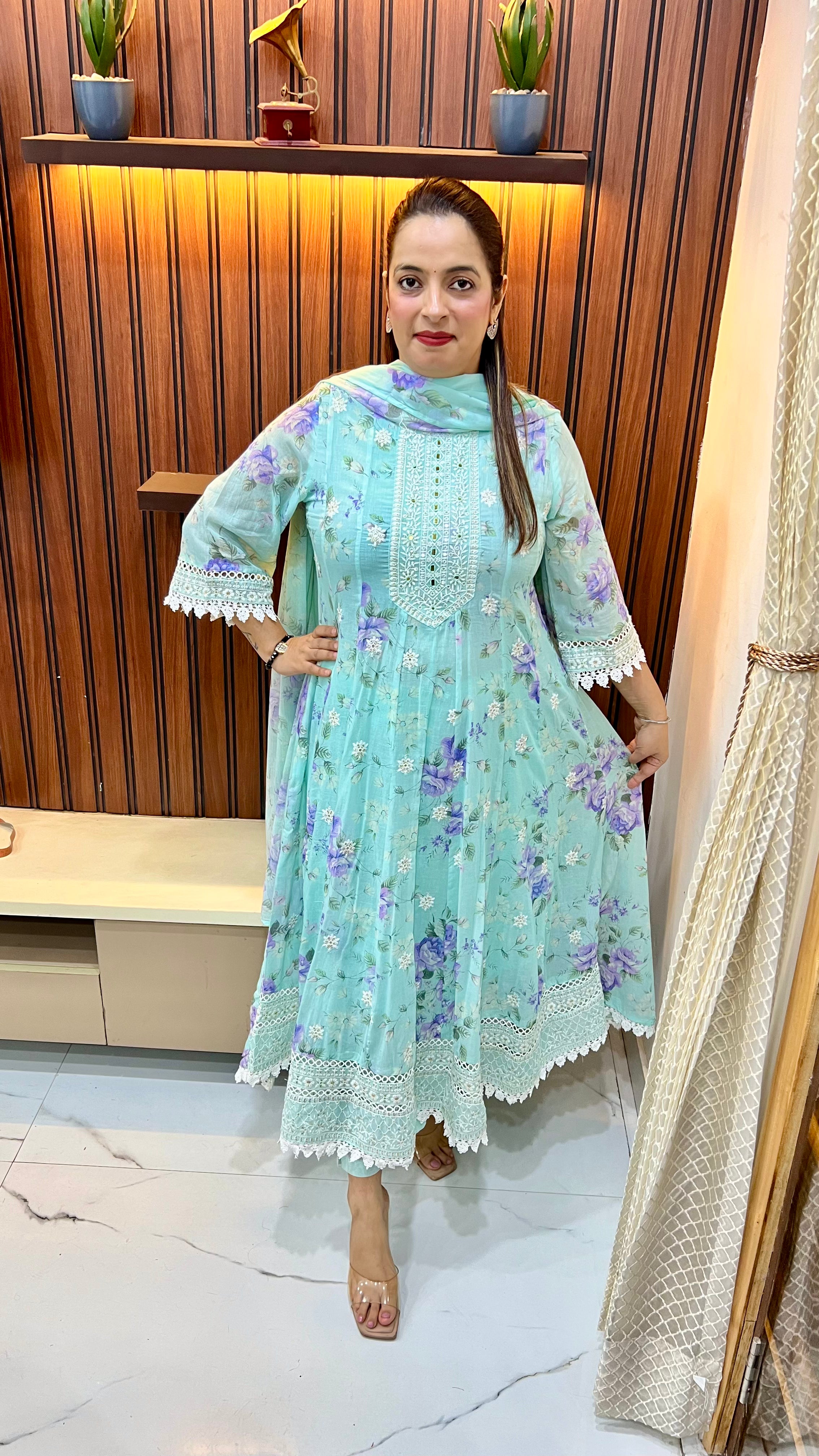 Premium Pure Cotton Anarkali Suit with Real Mirror Work