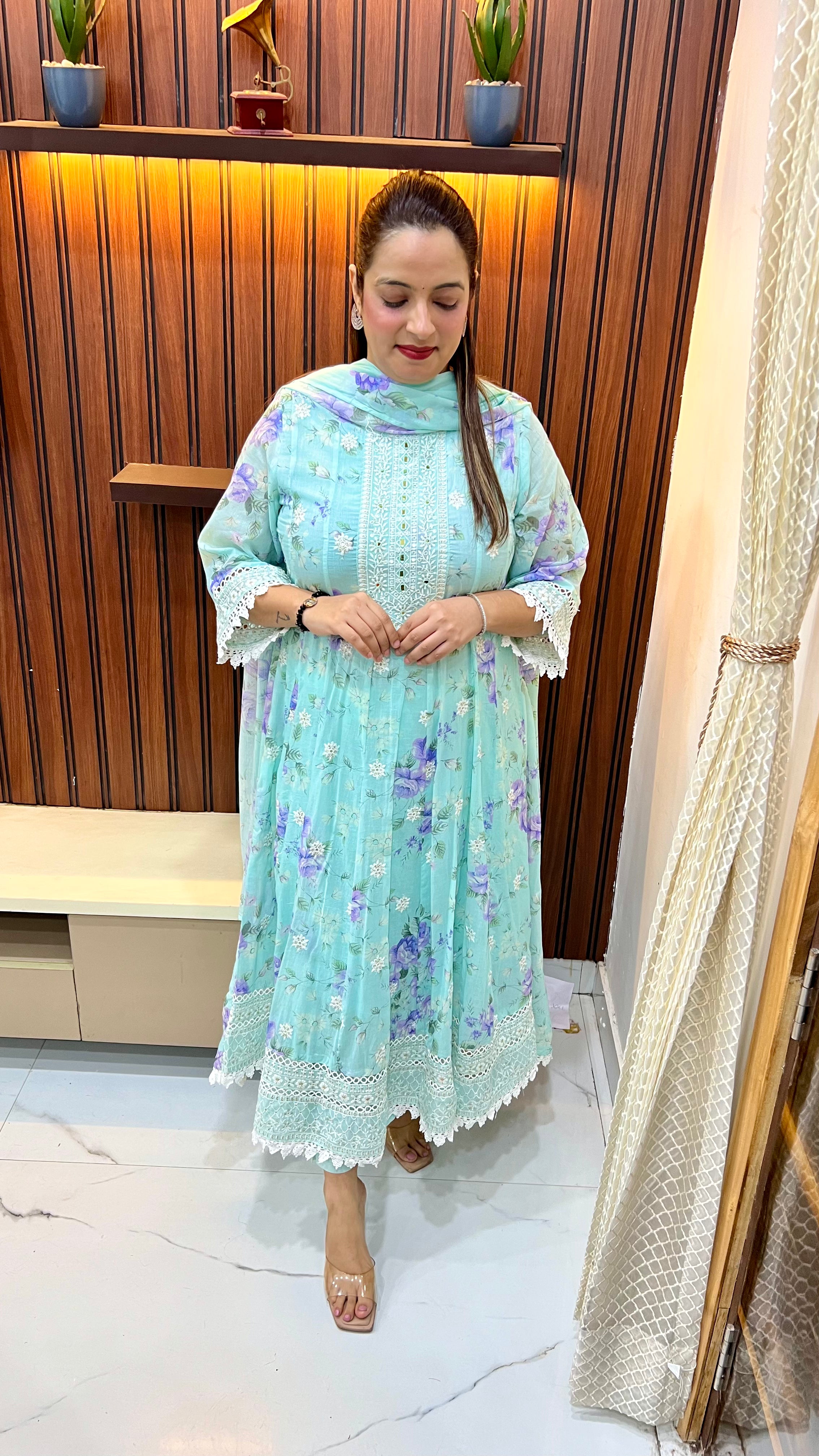 Premium Pure Cotton Anarkali Suit with Real Mirror Work