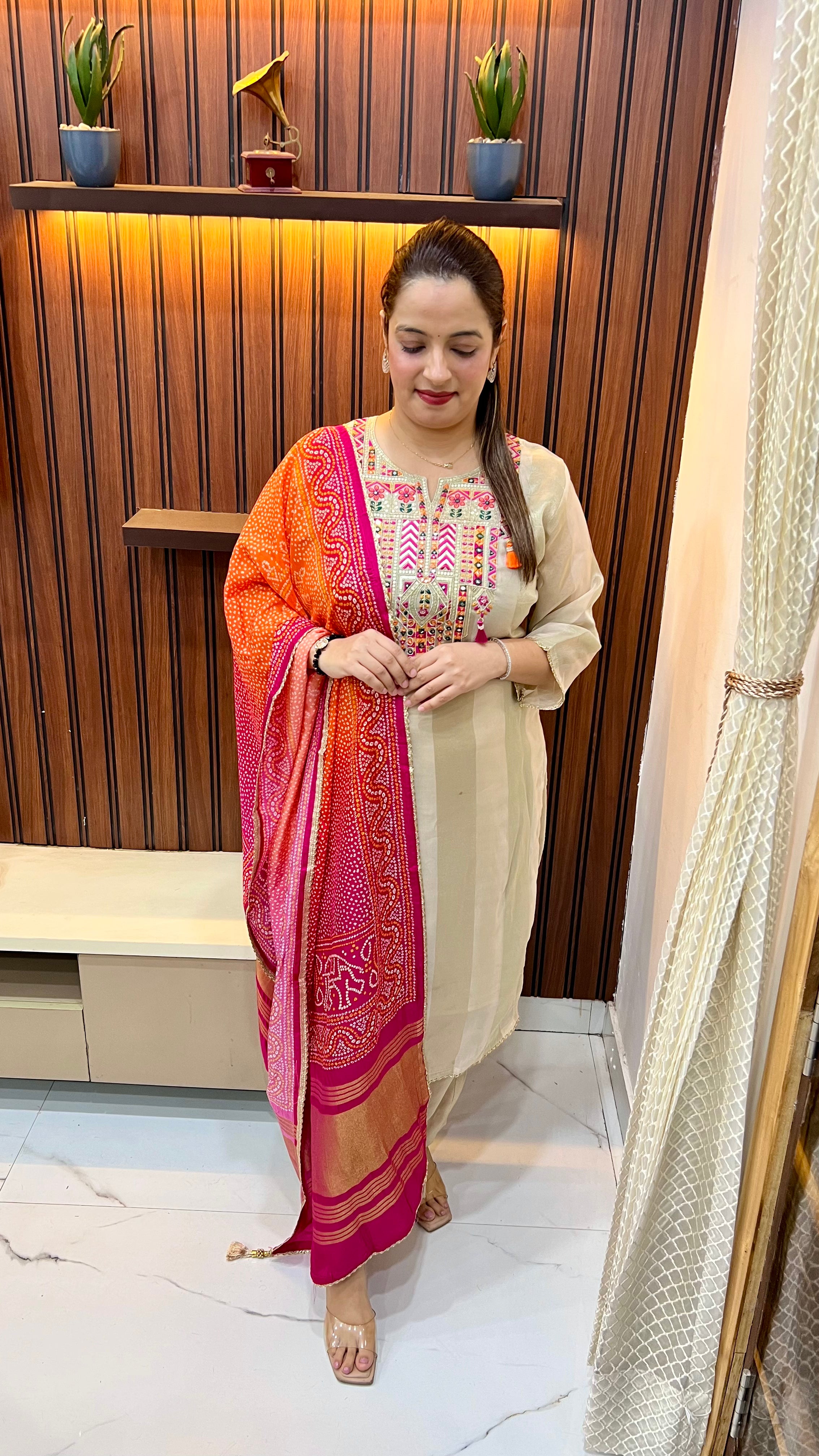 Organza Shimmer Suit — Dual-Shade Dupatta with Lagdi Patta Work