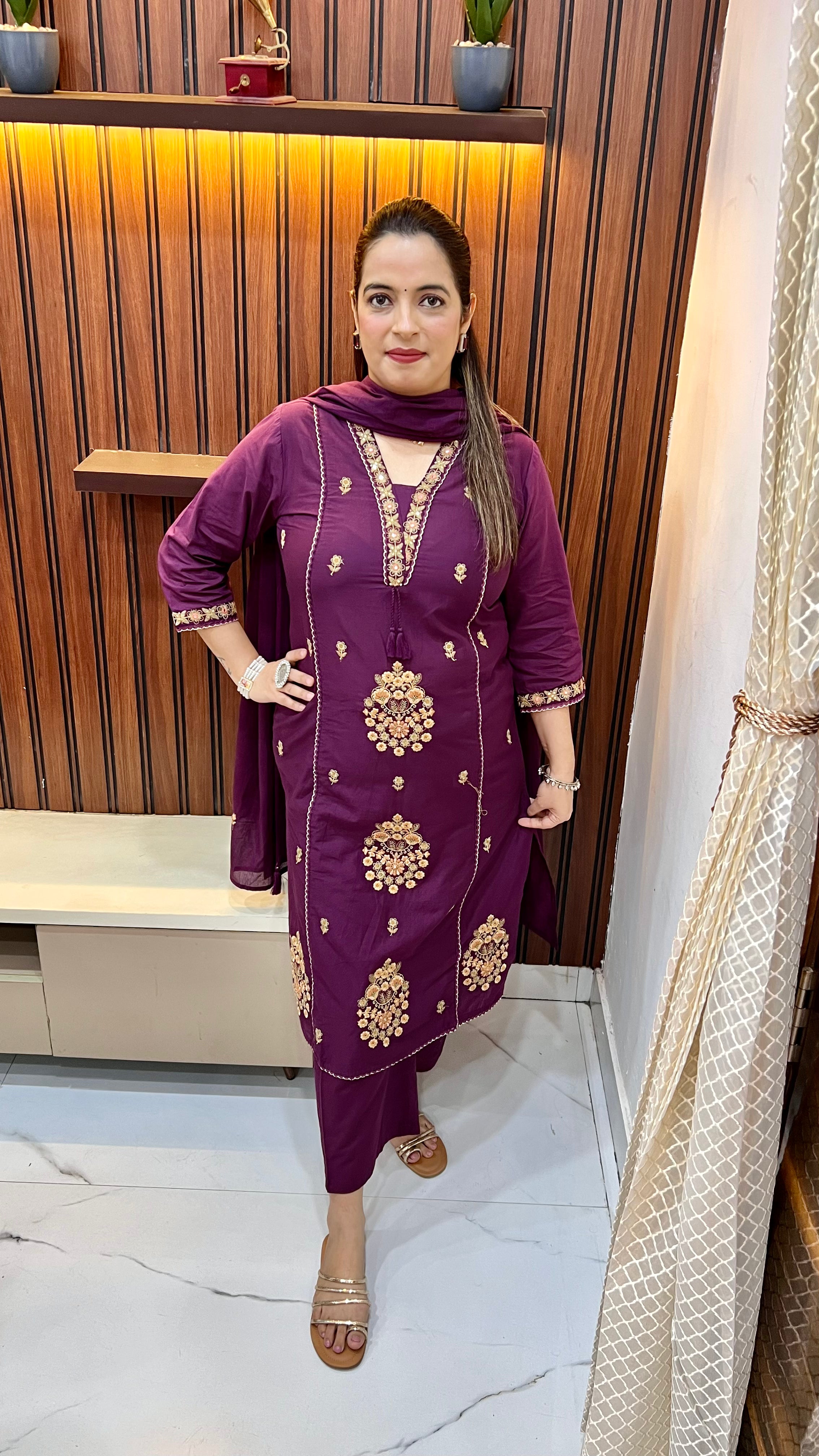 Pure Cotton Suit (Model Wearing Size XL) — Thread Embroidery with Mul Cotton Dupatta