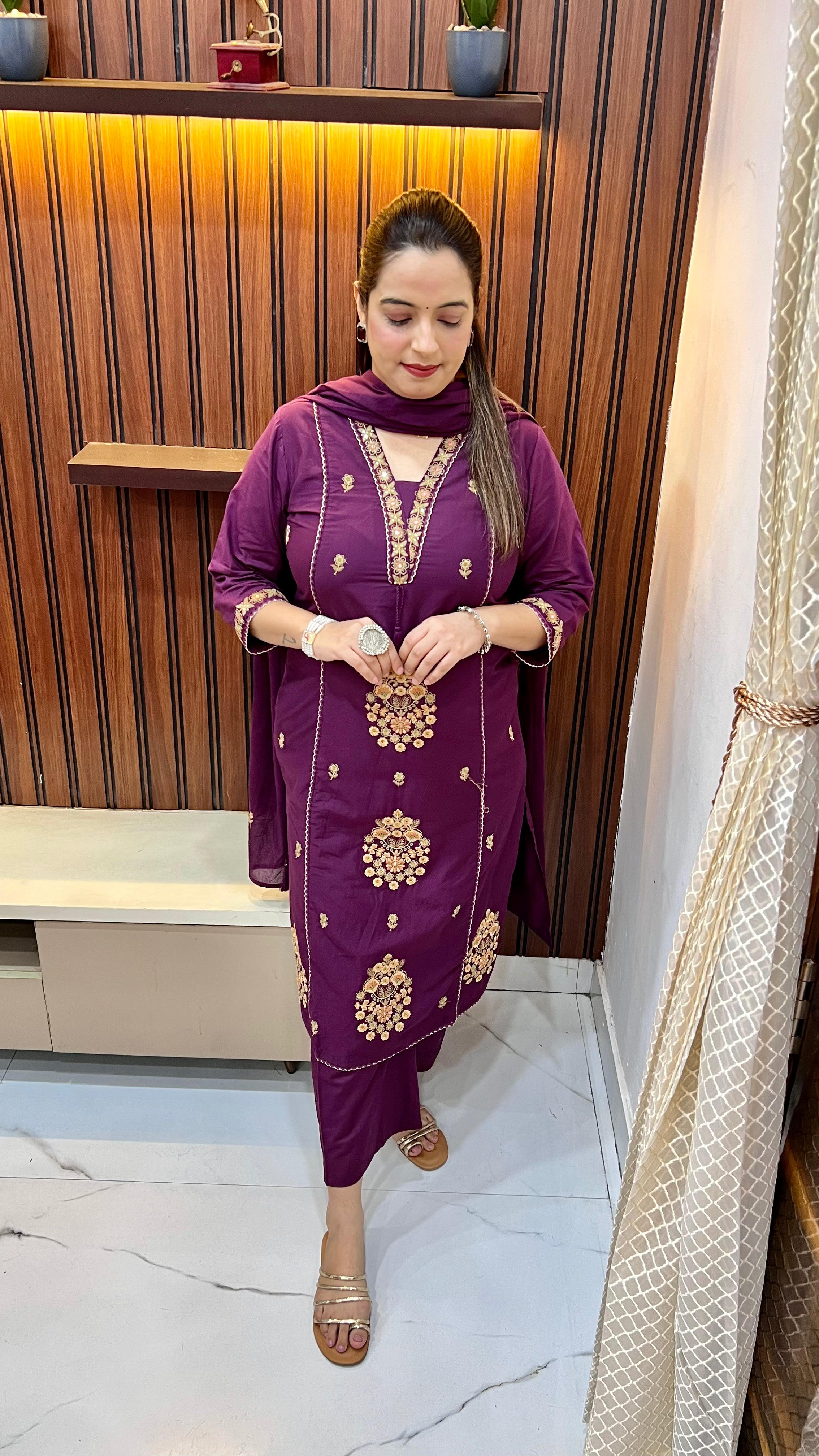 Pure Cotton Suit (Model Wearing Size XL) — Thread Embroidery with Mul Cotton Dupatta