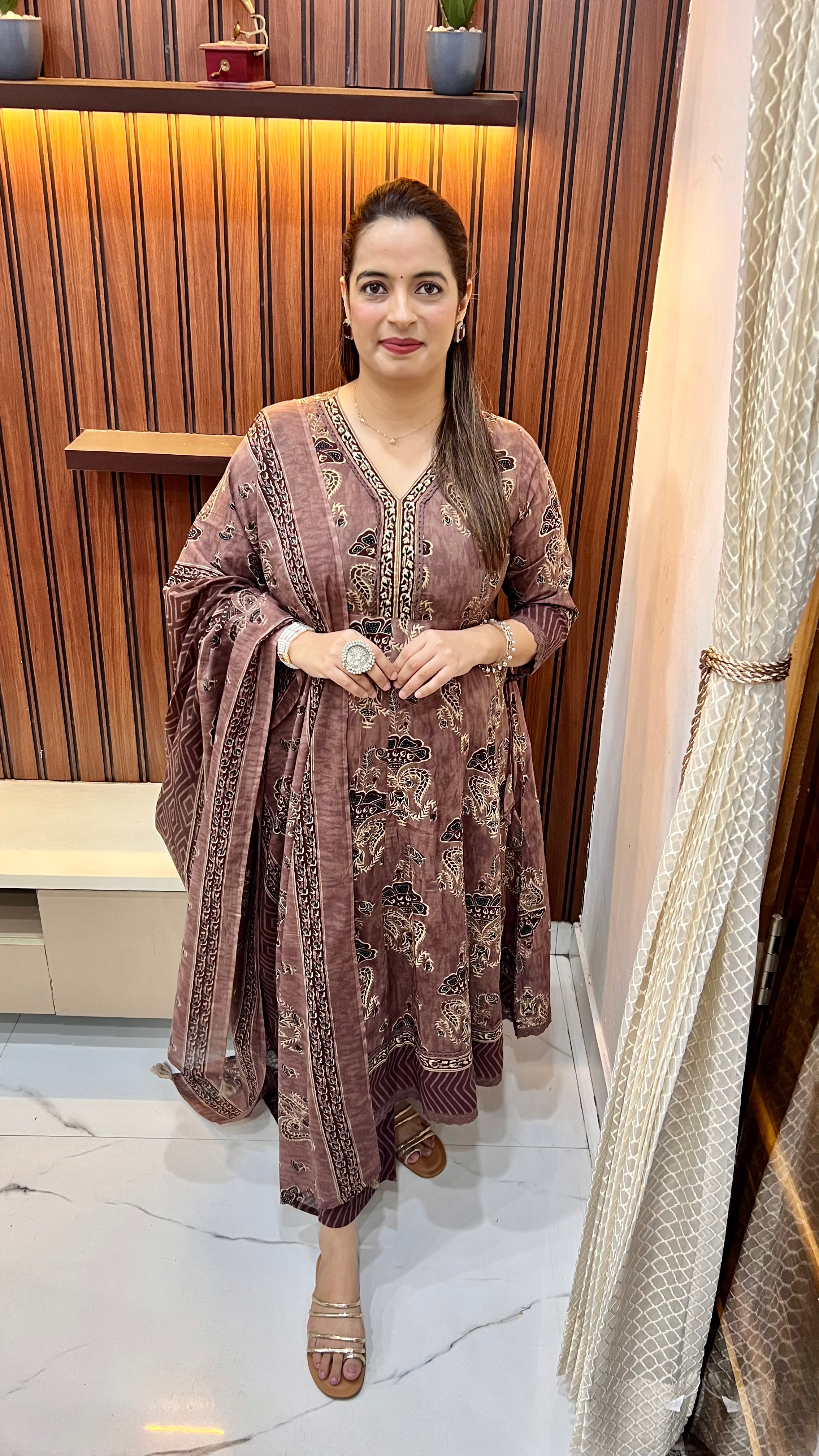 Pure Mul Cotton Anarkali Suit (Model Wearing Size L) — Hand Embroidery with Handmade Tassels