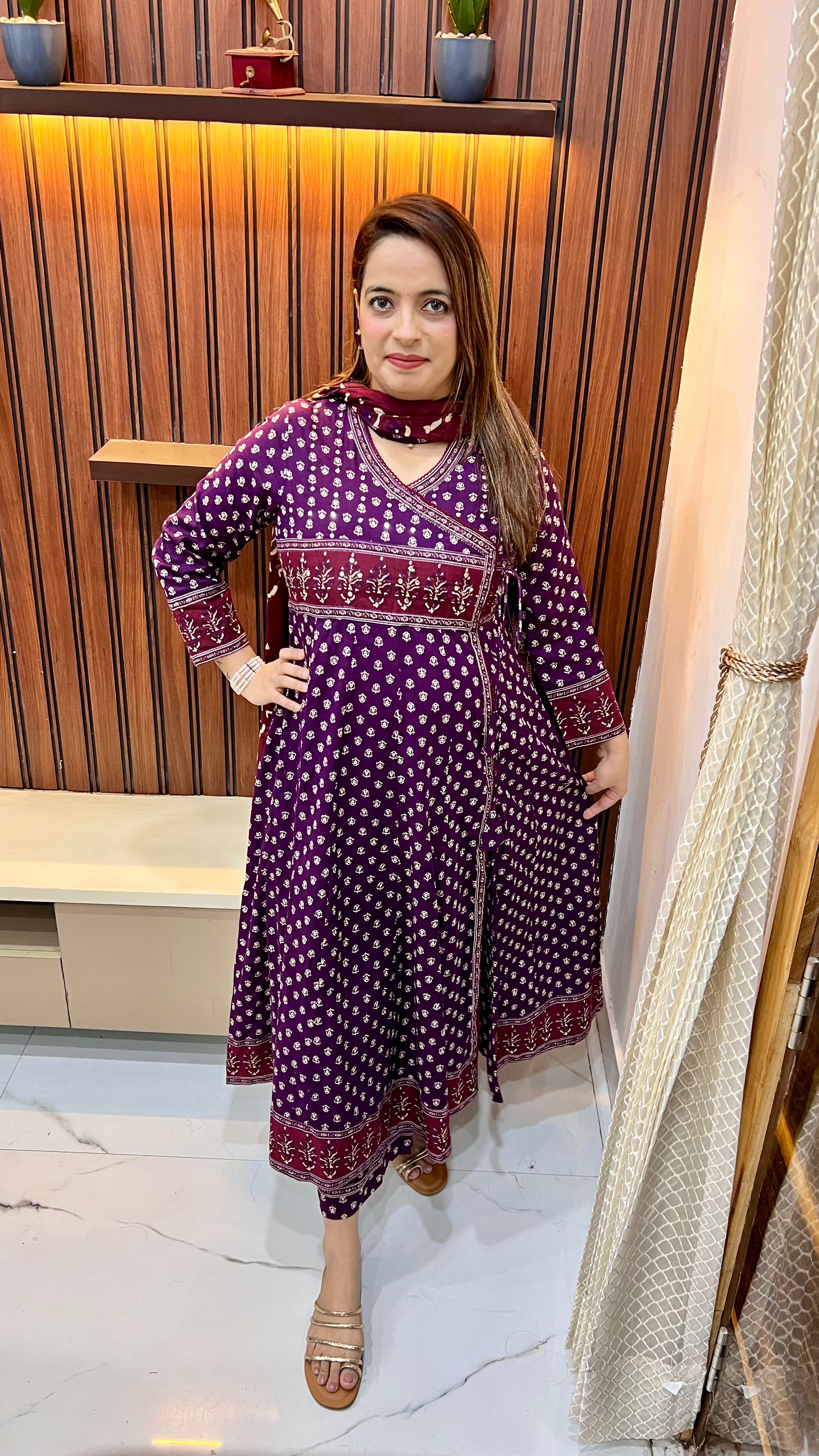 Pure Cotton Anarkali Angrakha Suit with Kalamkari Print (Available in Two Shades)