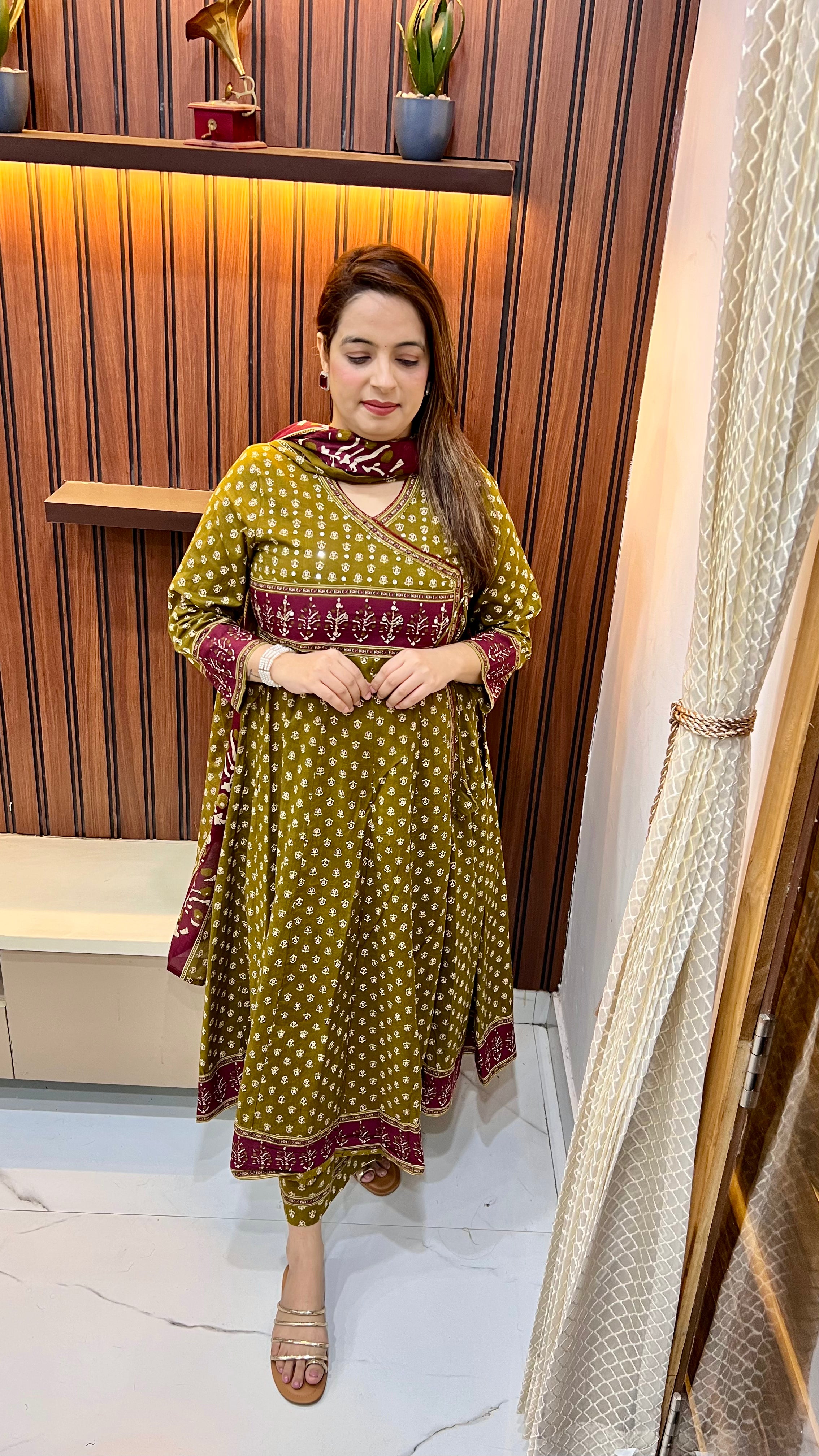 Pure Cotton Anarkali Angrakha Suit with Kalamkari Print (Available in Two Shades)