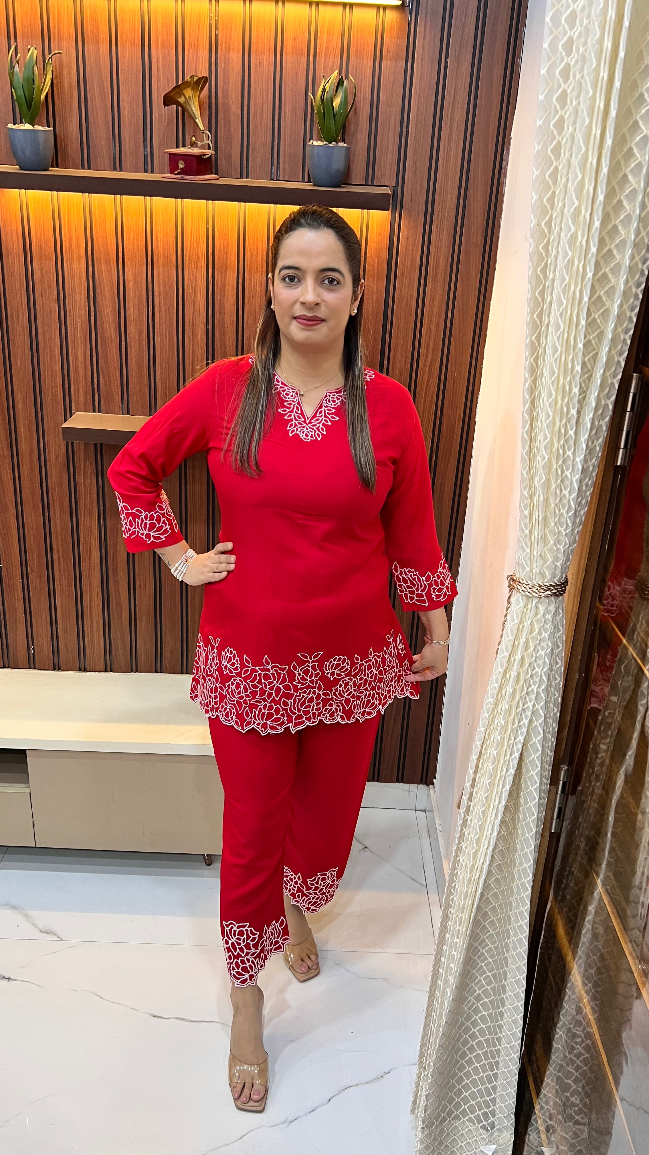 Pure Rayon Co-ord Set with Thread Embroidery A-Line Shirt