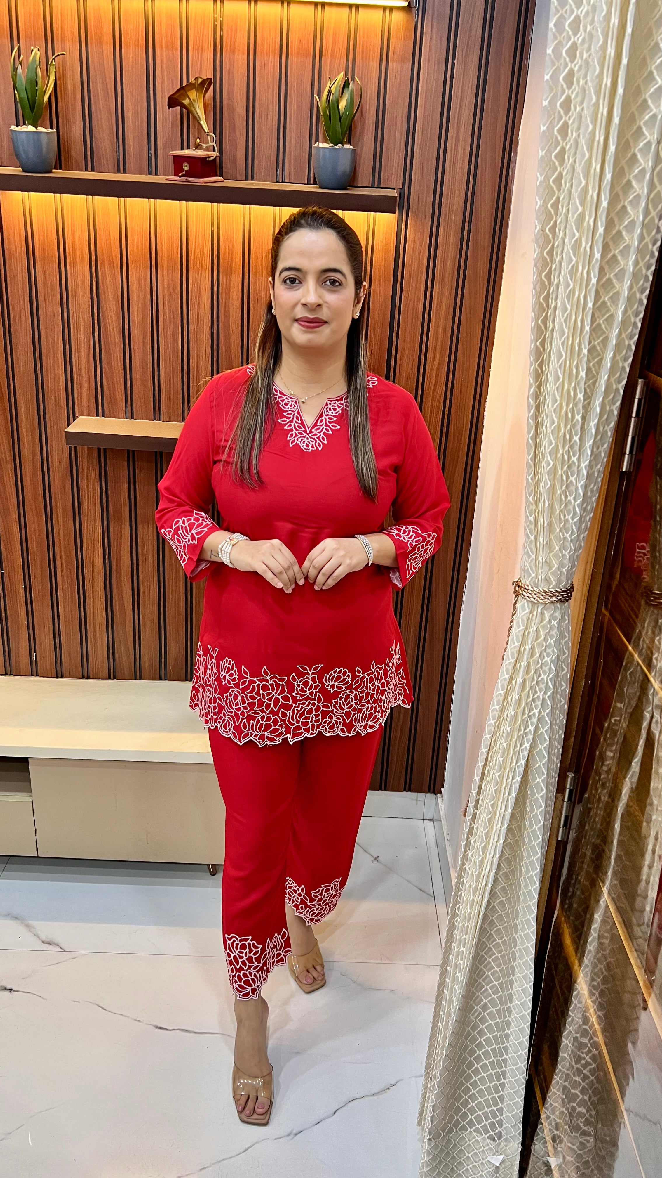 Pure Rayon Co-ord Set with Thread Embroidery A-Line Shirt