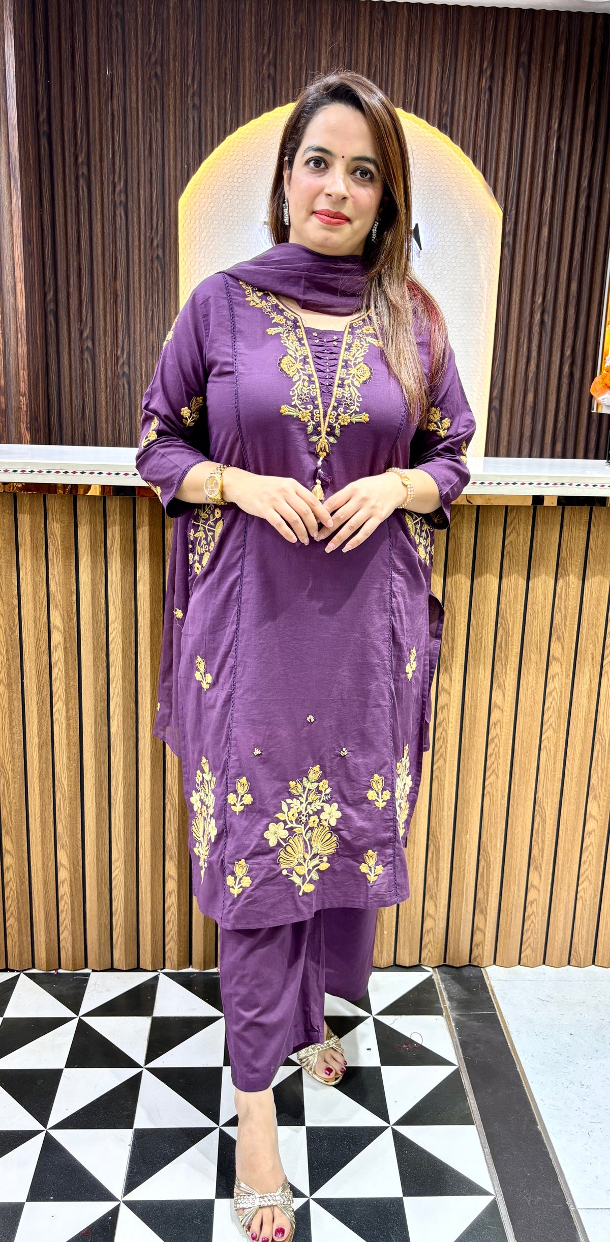Pure Cotton Kashmiri Pheran 3-Piece Suit with Dual Pockets & Mulmul Dupatta