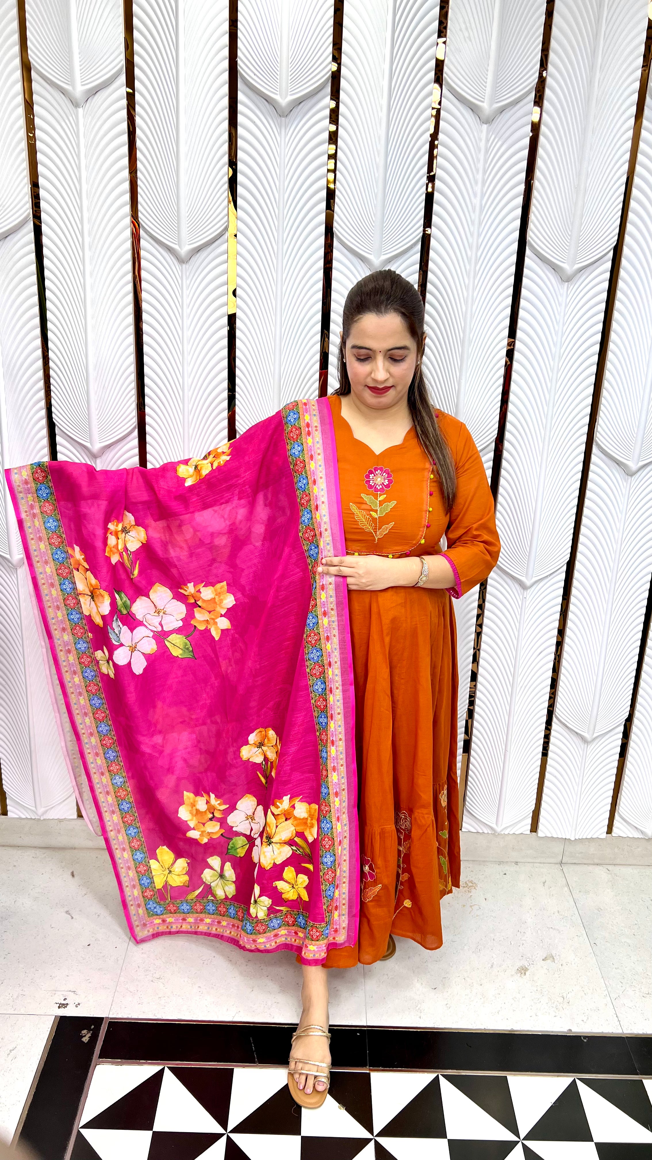 Mul Cotton Anarkali Suit with Handmade Ball Detailing