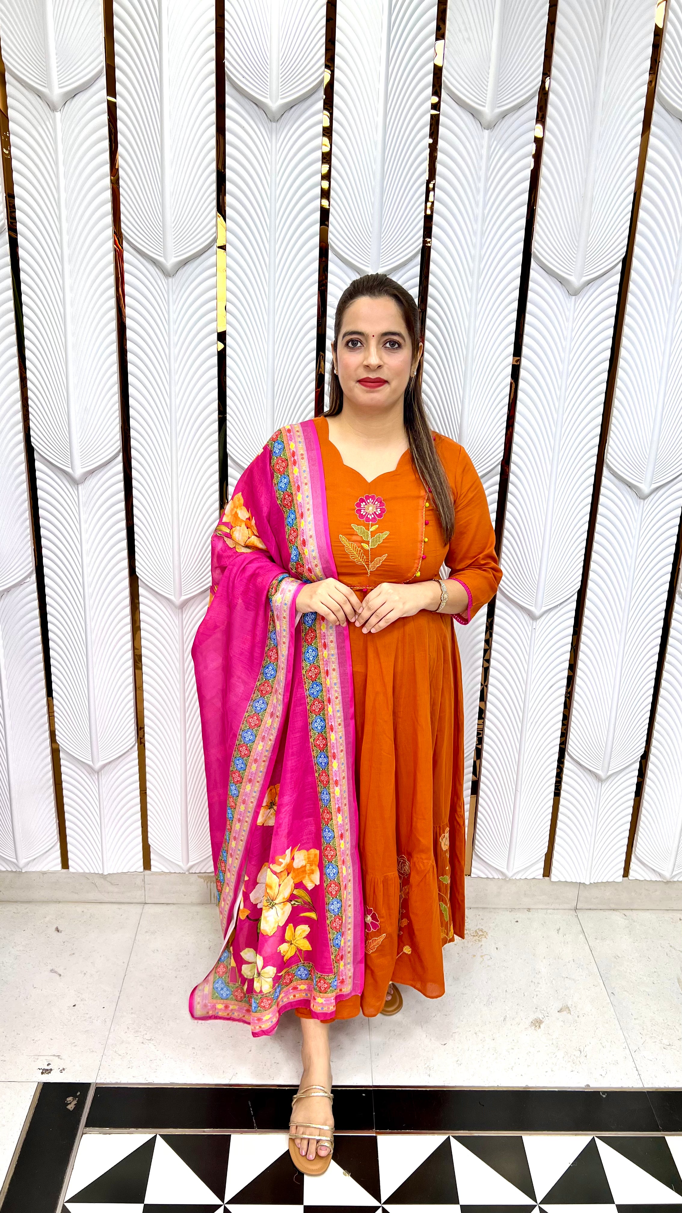 Mul Cotton Anarkali Suit with Handmade Ball Detailing