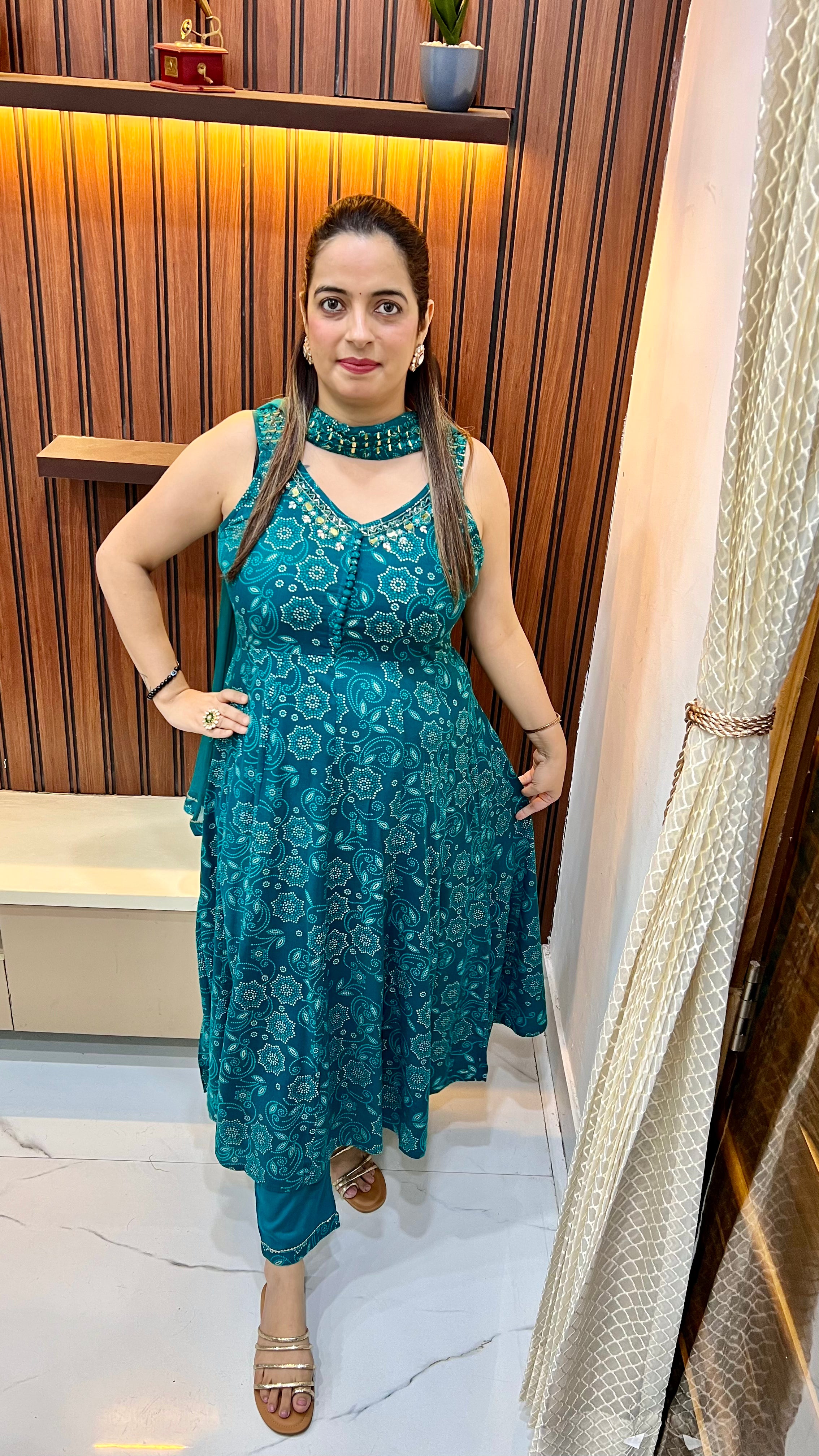 Rayon Anarkali Suit with Mirror Work & Chiffon Dupatta