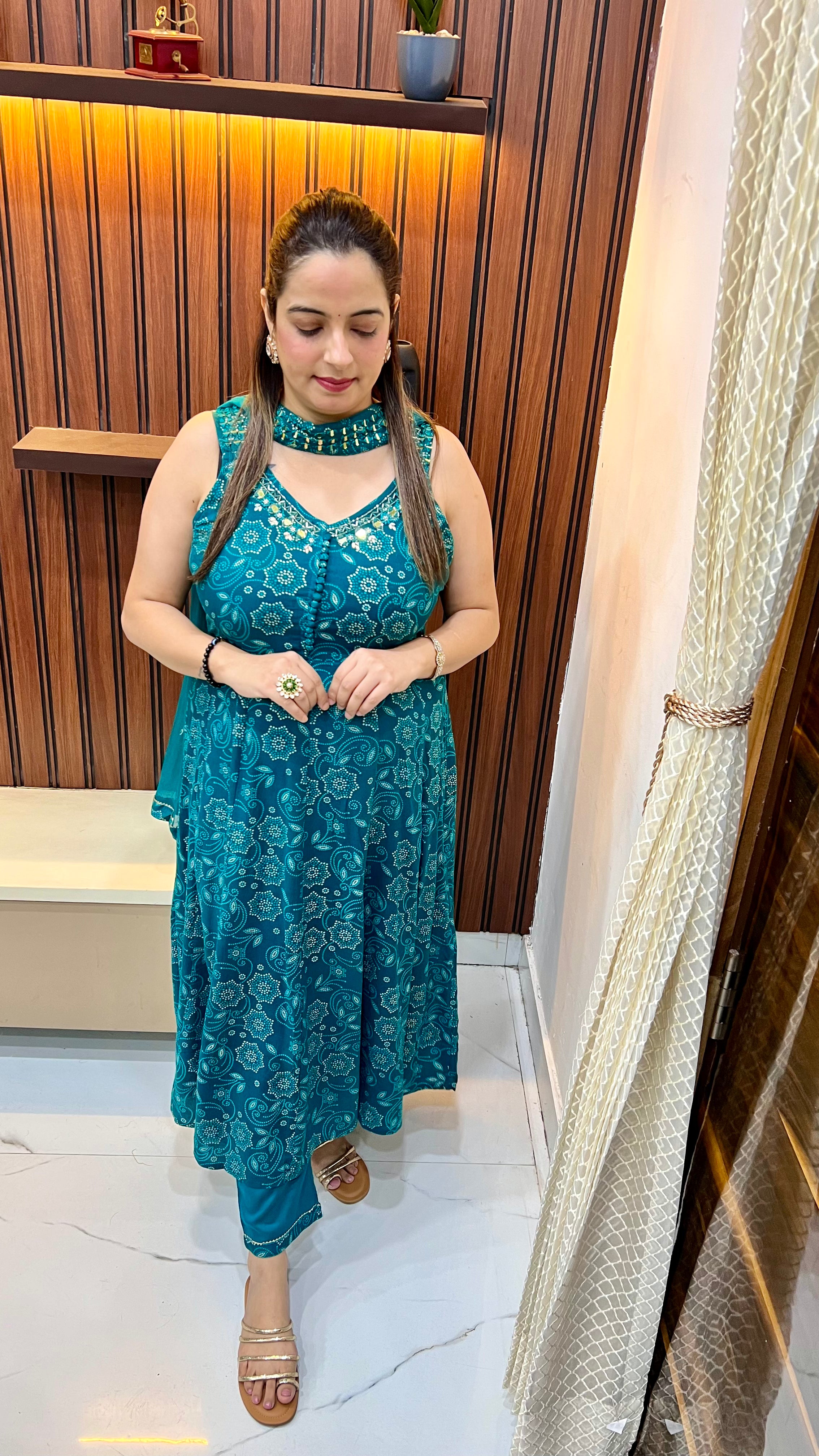 Rayon Anarkali Suit with Mirror Work & Chiffon Dupatta