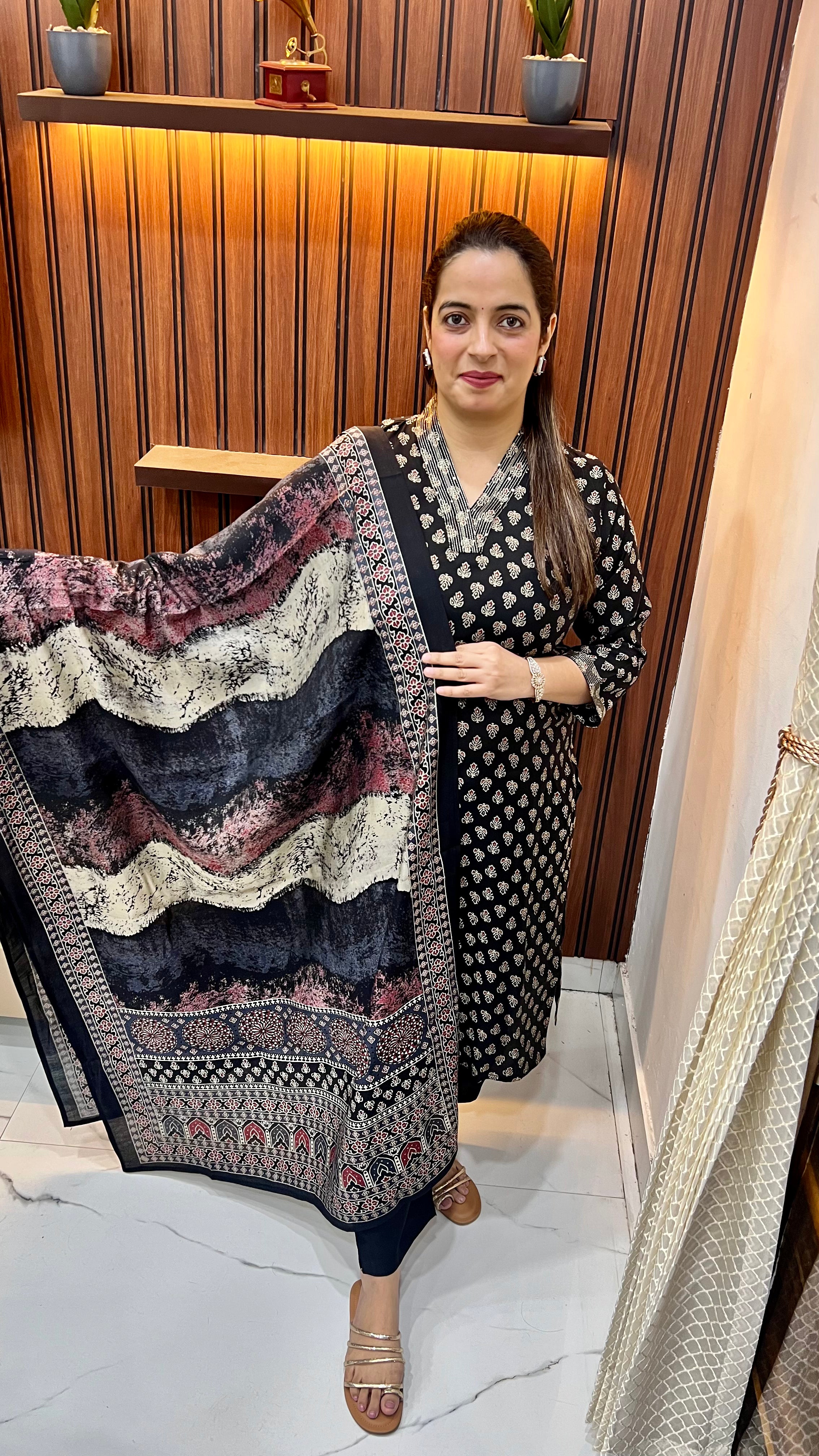 Premium Muslin Suit with Ajrak Print & Sari Work