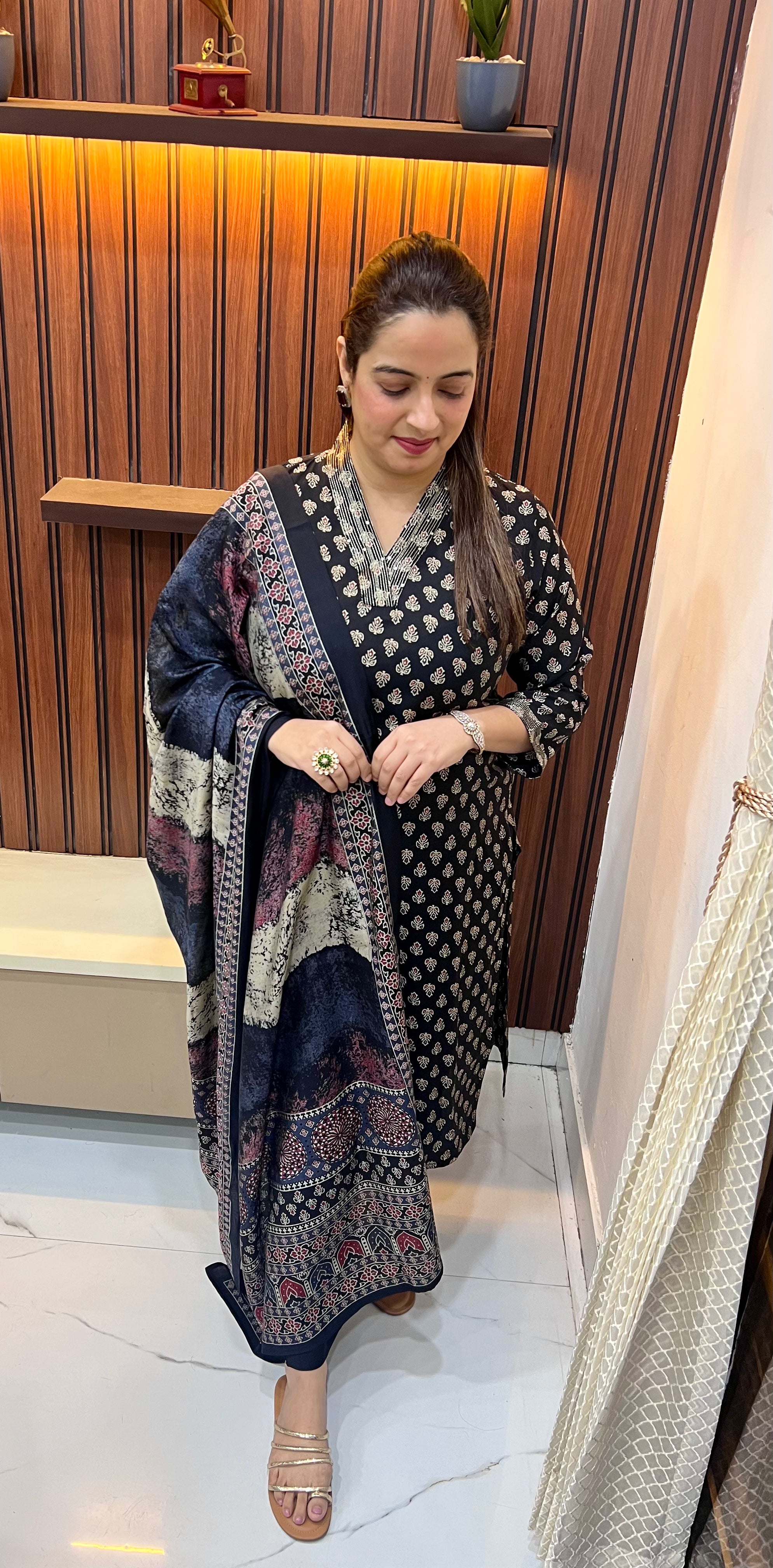 Premium Muslin Suit with Ajrak Print & Sari Work