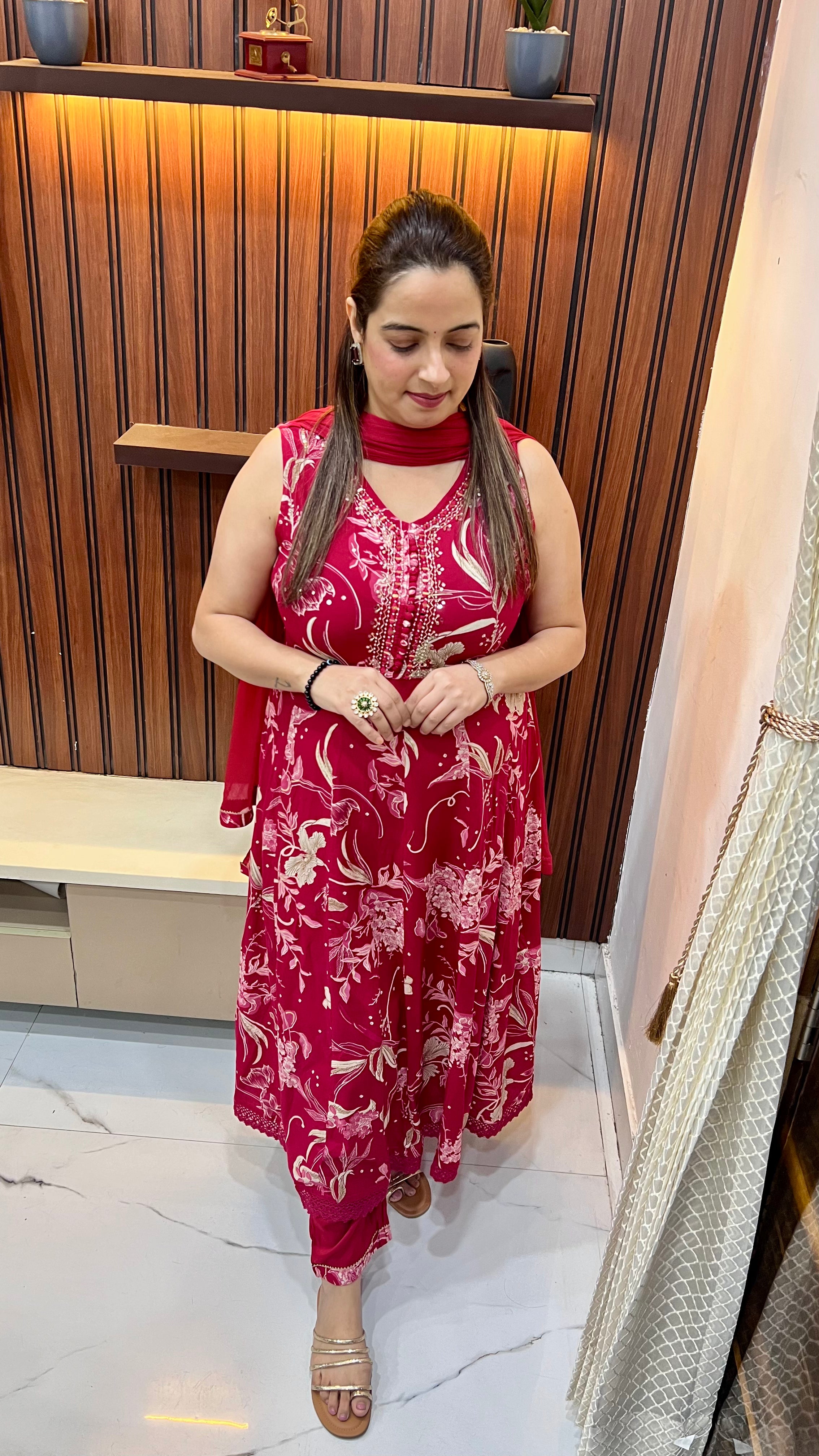 Rayon Anarkali Suit with Mirror Work & Chiffon Dupatta