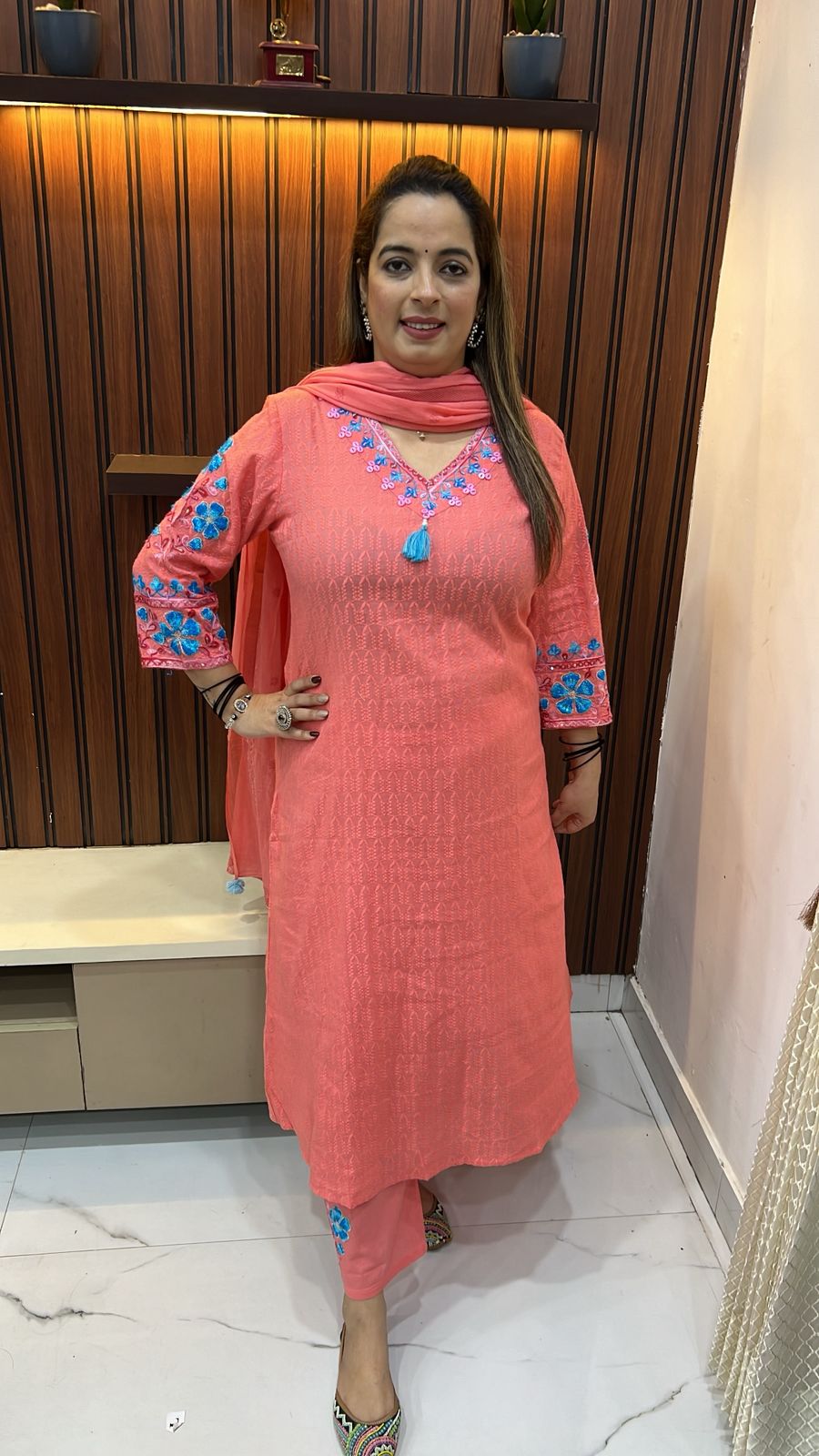 Straight Pure Cotton Suit with Kashmiri Kadhai – Office Wear