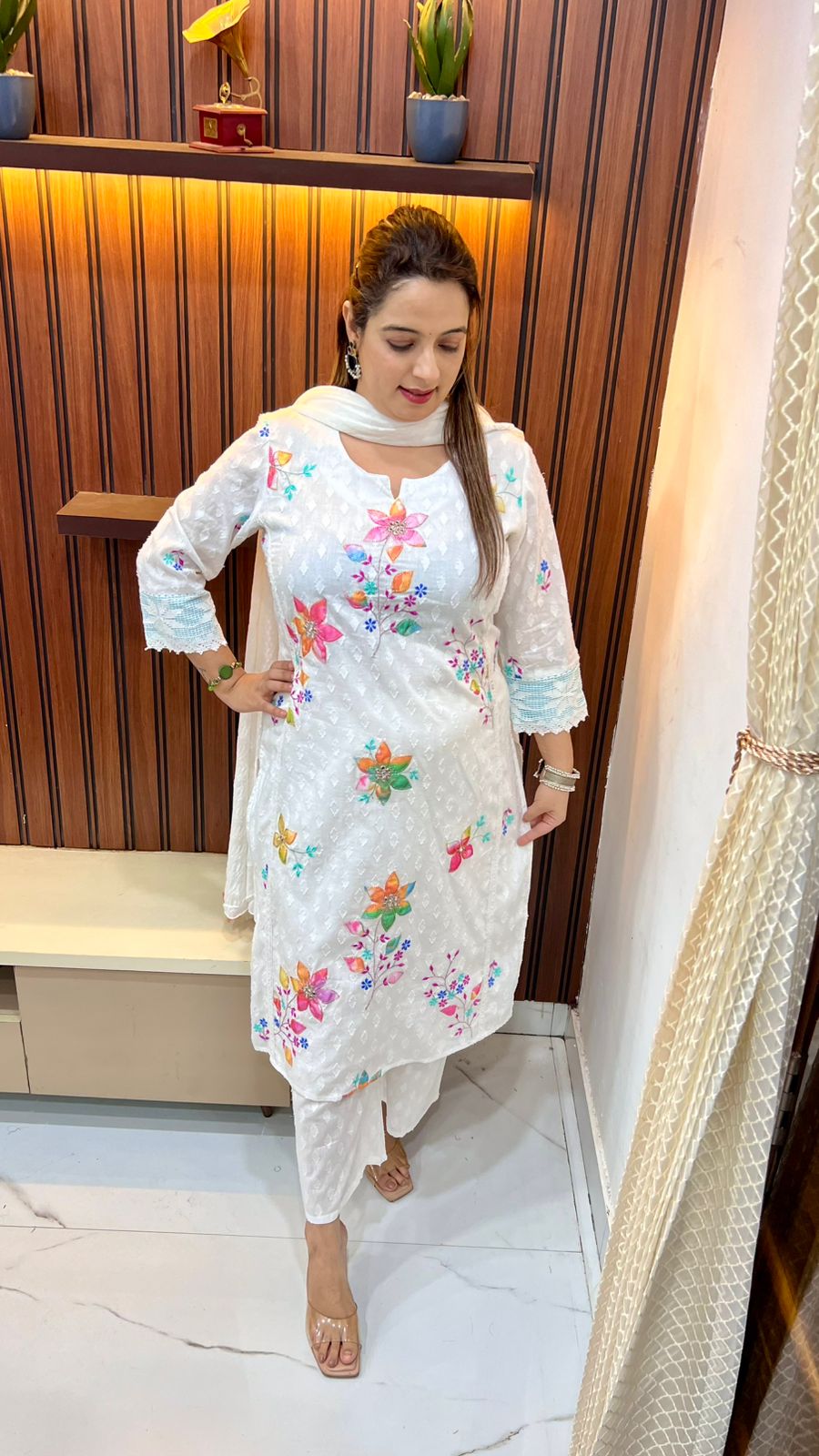 Mul Cotton Suit with All-Over Appliqué Work & Cotton Lining