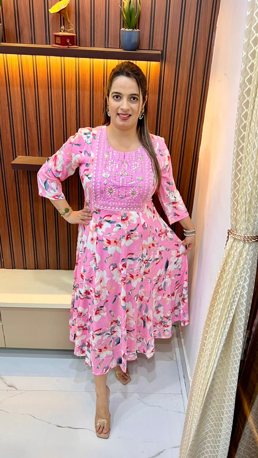 Cotton Anarkali One-Piece with gathers, Floral Print & Sequin Hand Embroidery