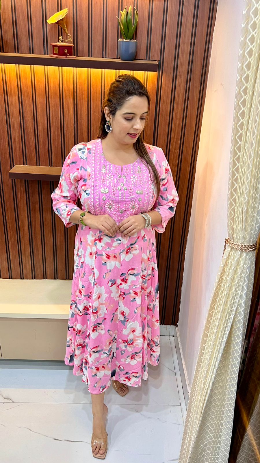 Cotton Anarkali One-Piece with gathers, Floral Print & Sequin Hand Embroidery