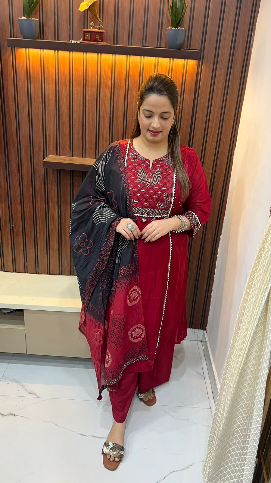 Mul Chanderi Suit with Block Print, Hand Embroidery & Cotton Lining