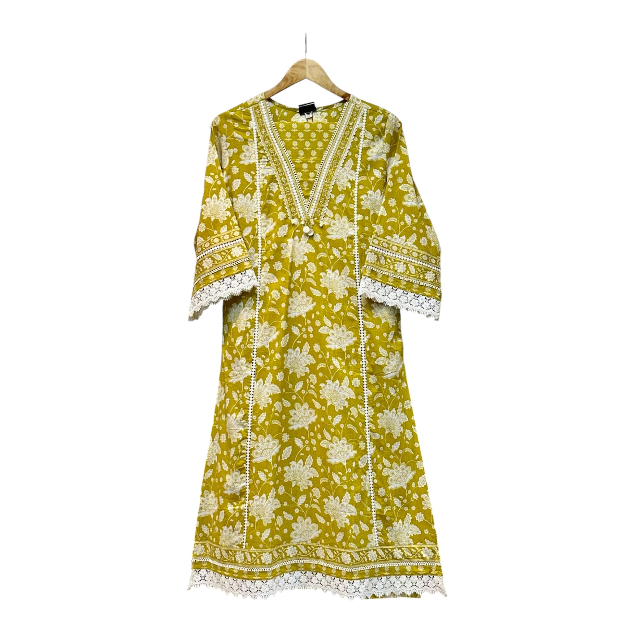 Pure Cotton Lace Detail Suit with Palazzo & Tassels