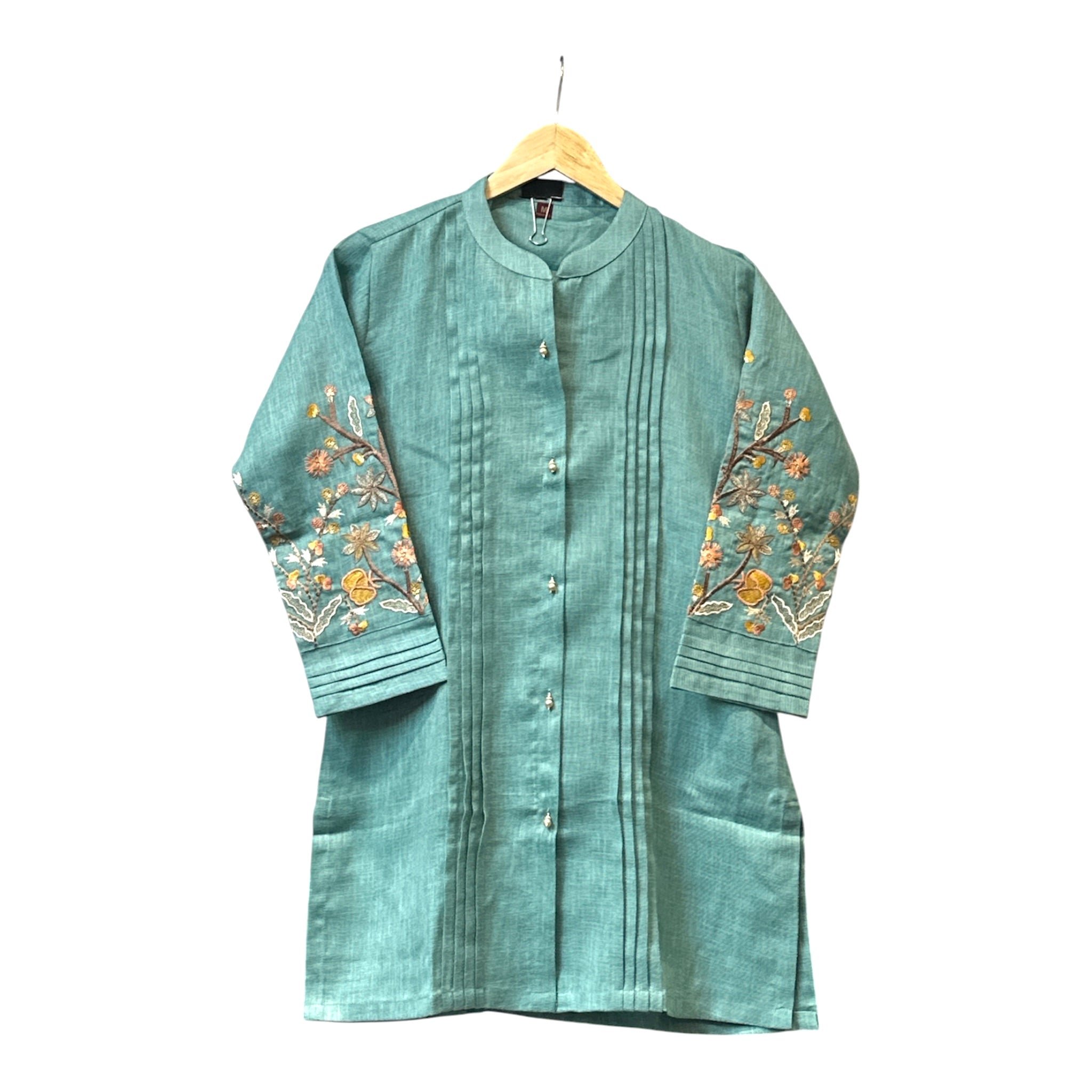 Handloom Cotton Openable Kurta Style Co-ord Set with Pearl Buttons & Resham-Embroidered Sleeves