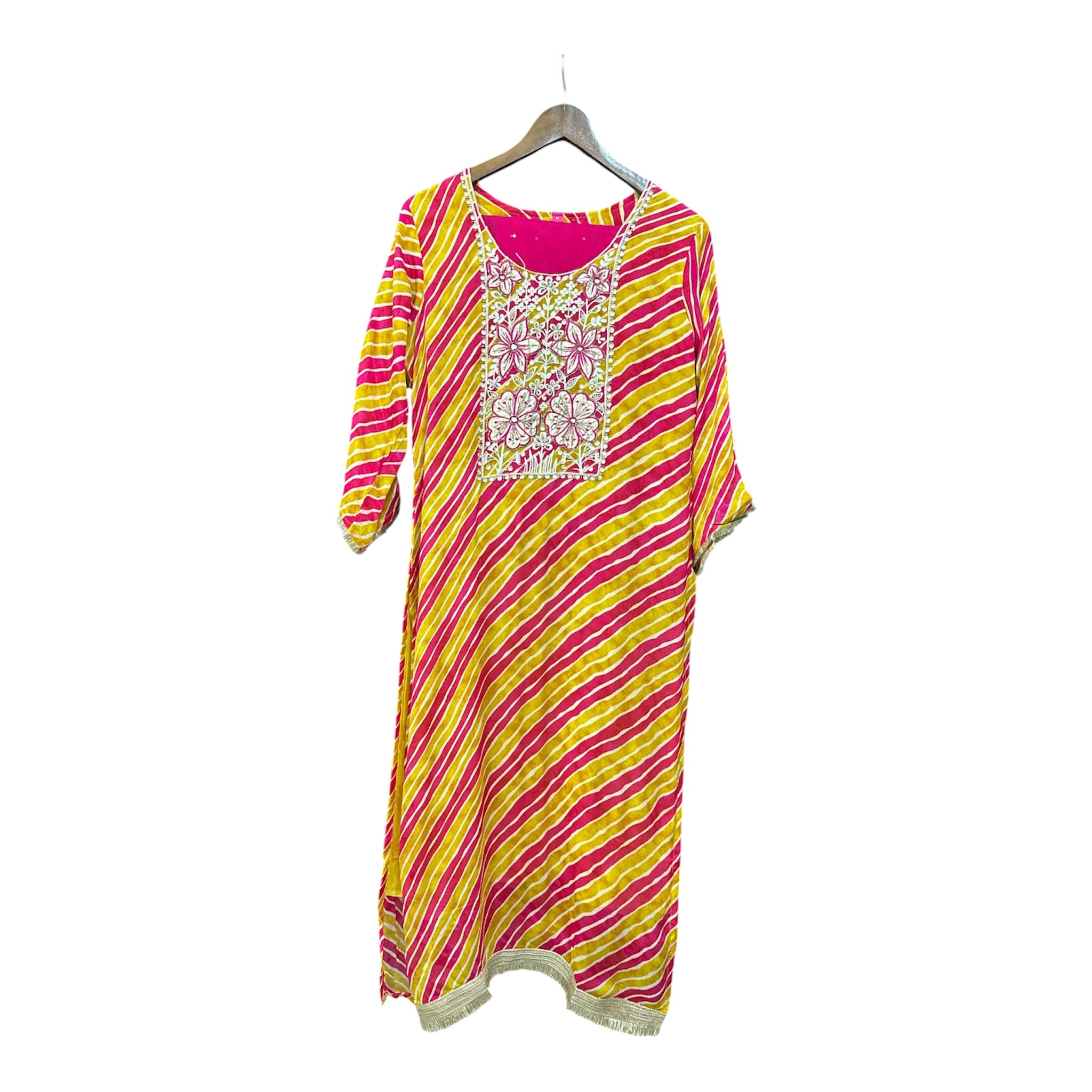 The Pure Chinon Leheriya Print Suit with Leather Patching & Zardozi Neckline